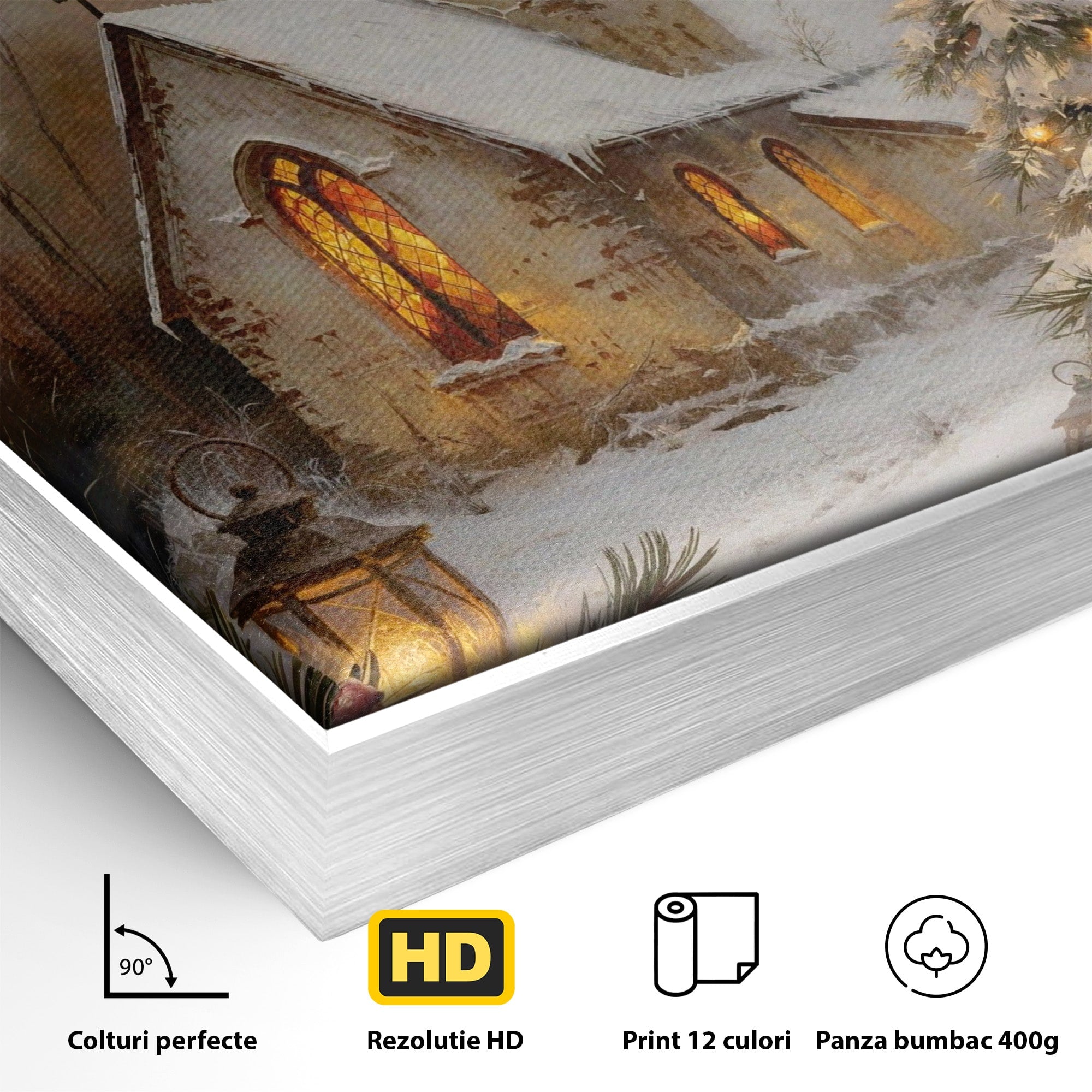 Tablou Canvas Premium LuxCanva® PI1234, Biserica De Craciun,Lacas, Iarna, Craciun, Peisaj, Living, Dormitor, Culori Vibrante