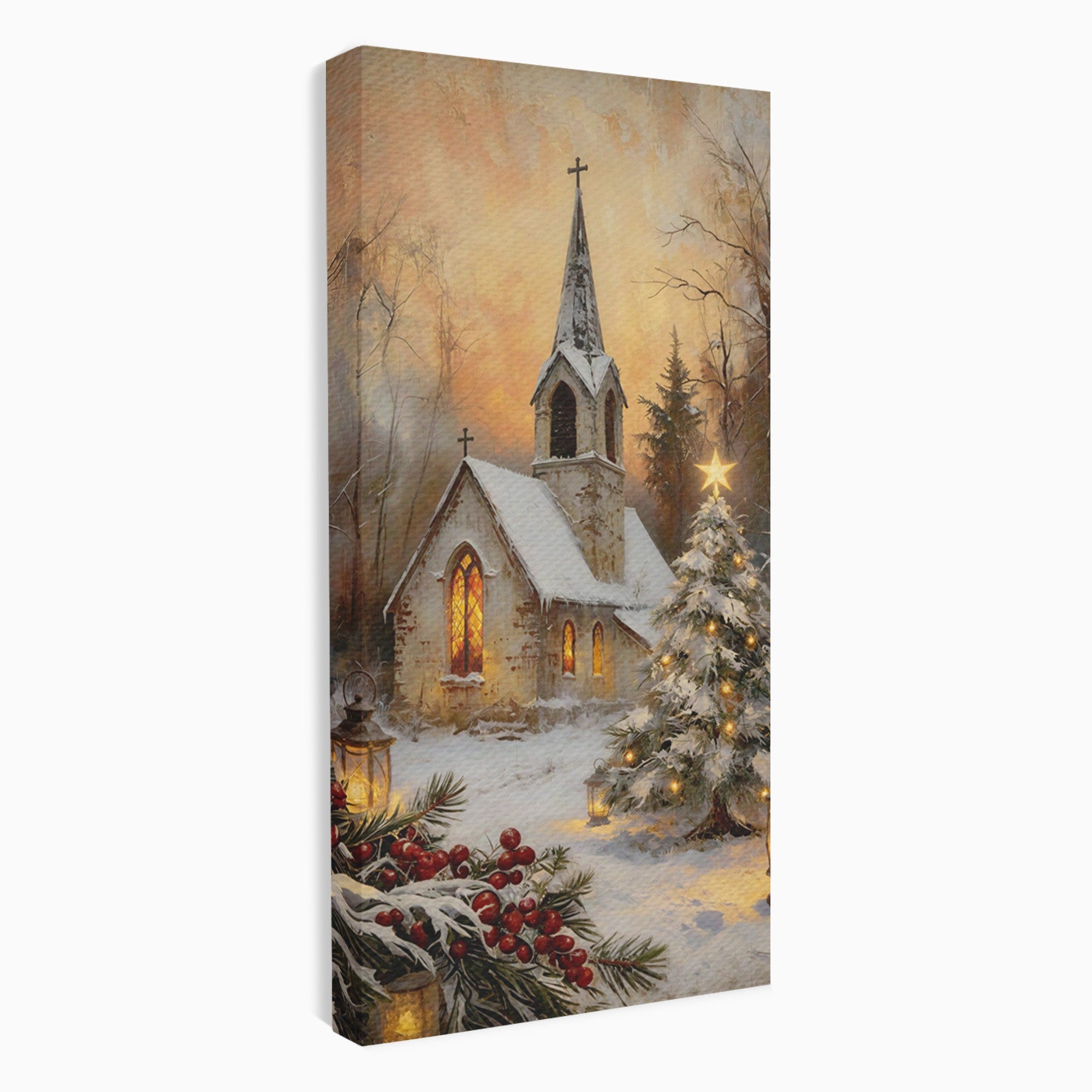 Tablou Canvas Premium LuxCanva® PI1234, Biserica De Craciun,Lacas, Iarna, Craciun, Peisaj, Living, Dormitor, Culori Vibrante