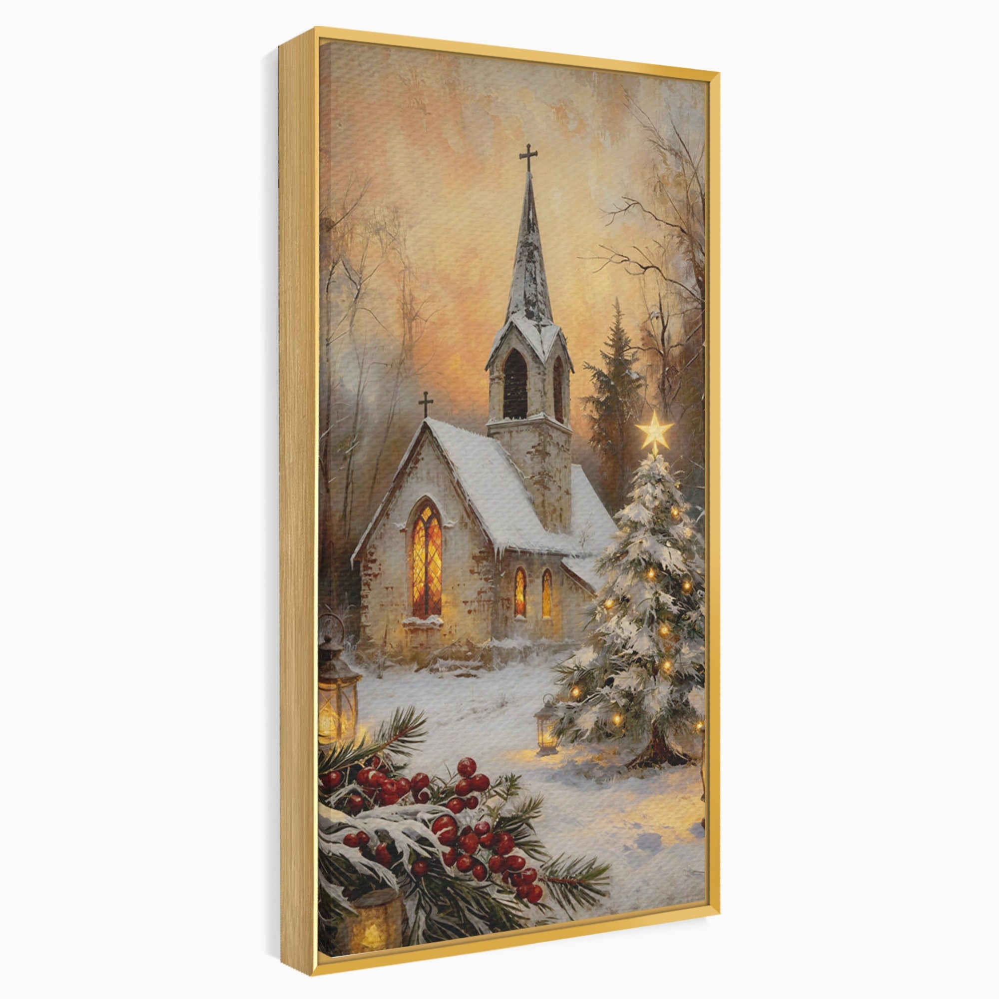 Tablou Canvas Premium LuxCanva® PI1234, Biserica De Craciun,Lacas, Iarna, Craciun, Peisaj, Living, Dormitor, Culori Vibrante