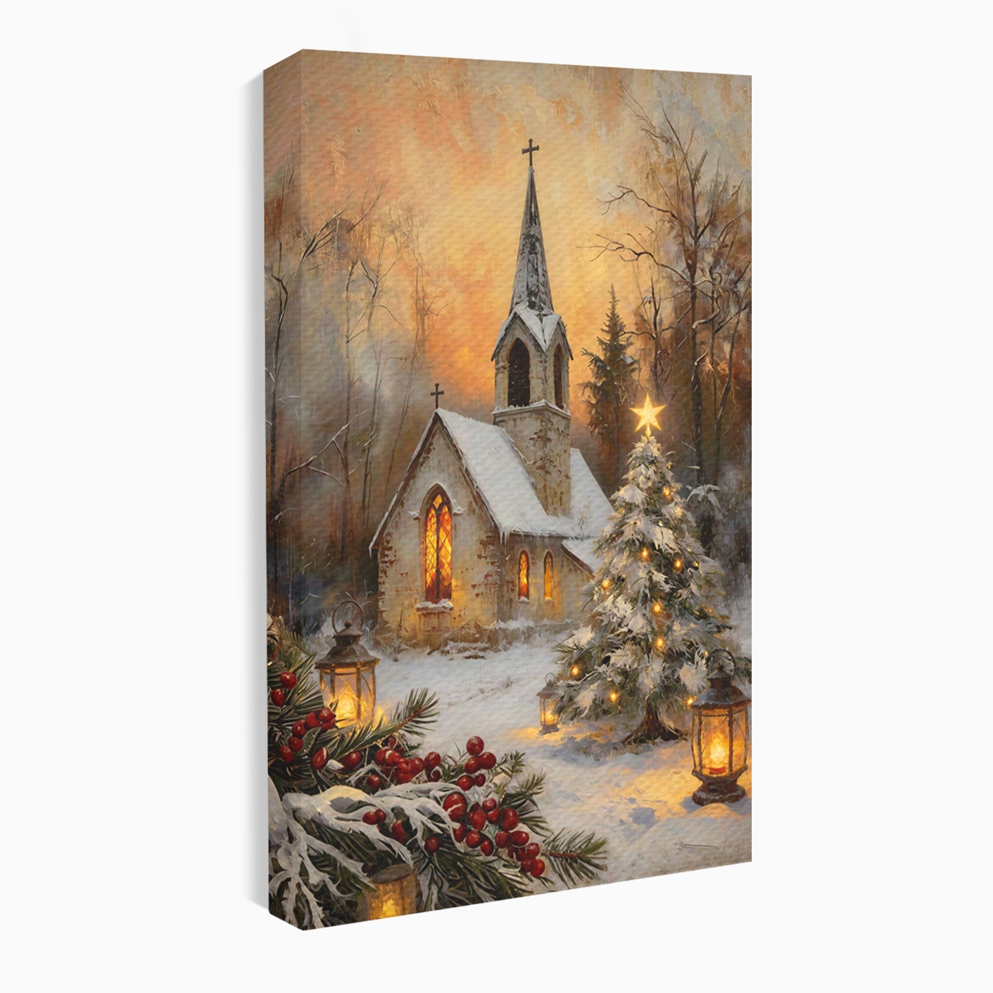 Tablou Canvas Premium LuxCanva® PI1234, Biserica De Craciun,Lacas, Iarna, Craciun, Peisaj, Living, Dormitor, Culori Vibrante