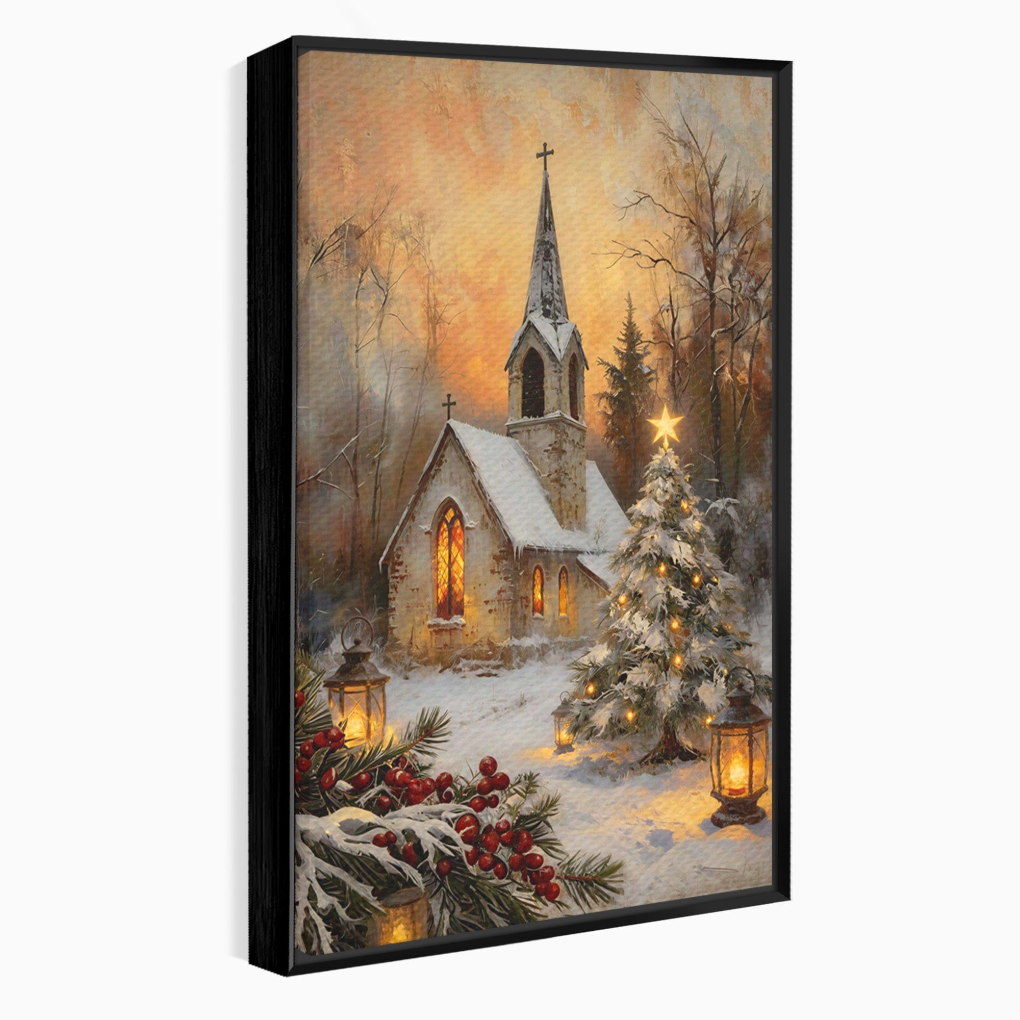 Tablou Canvas Premium LuxCanva® PI1234, Biserica De Craciun,Lacas, Iarna, Craciun, Peisaj, Living, Dormitor, Culori Vibrante