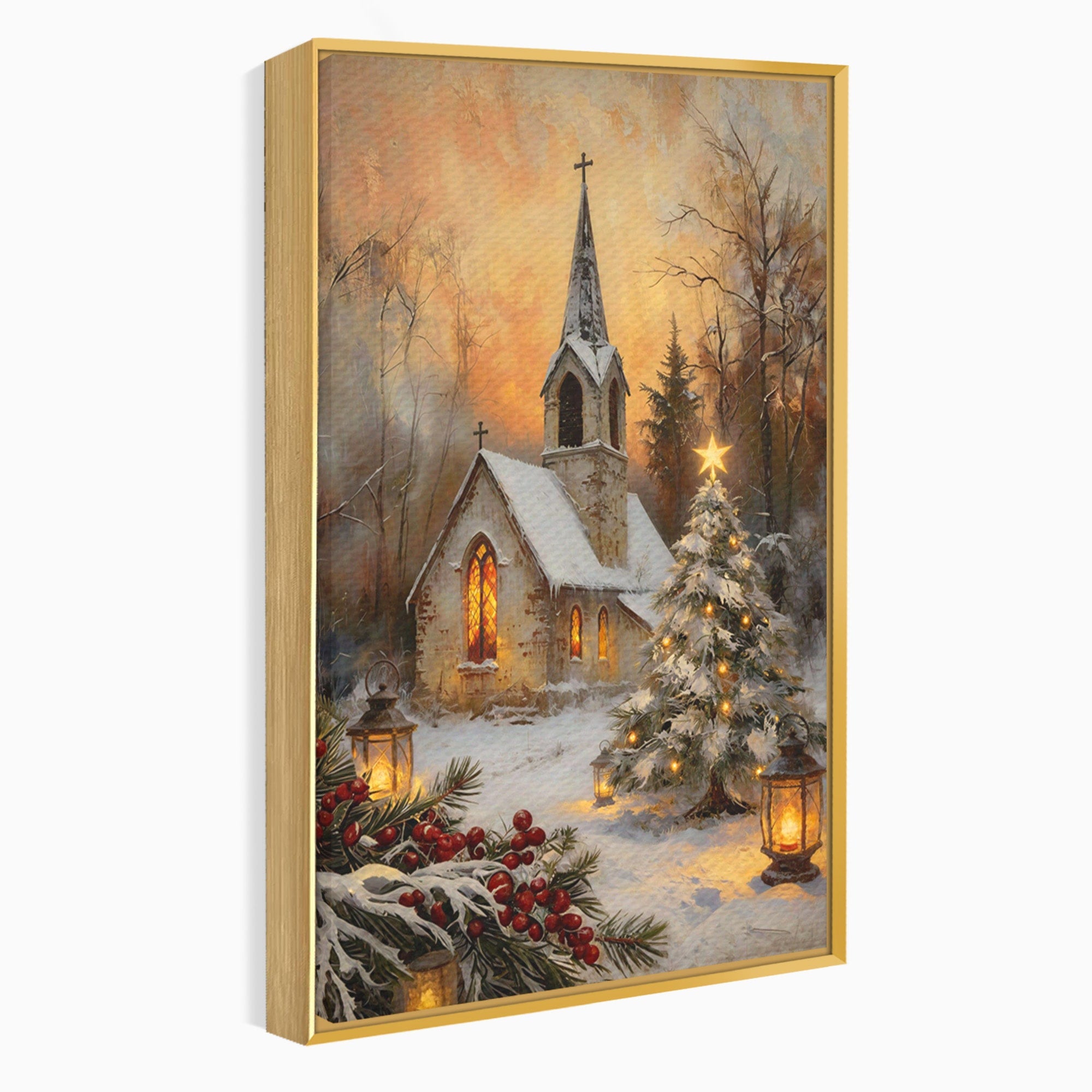 Tablou Canvas Premium LuxCanva® PI1234, Biserica De Craciun,Lacas, Iarna, Craciun, Peisaj, Living, Dormitor, Culori Vibrante