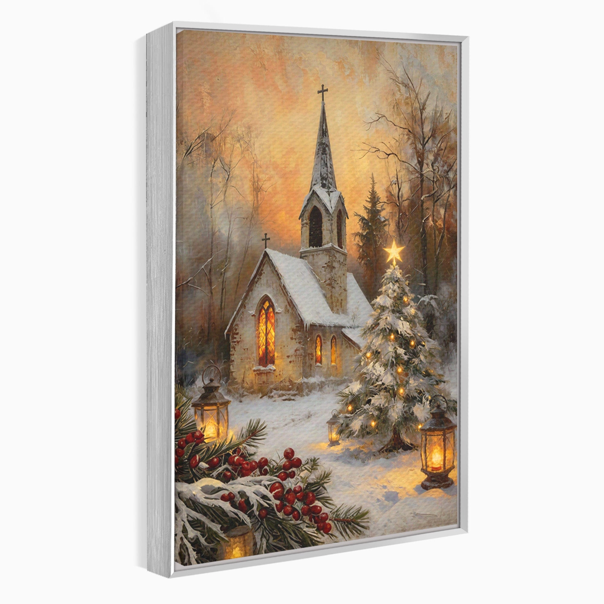 Tablou Canvas Premium LuxCanva® PI1234, Biserica De Craciun,Lacas, Iarna, Craciun, Peisaj, Living, Dormitor, Culori Vibrante