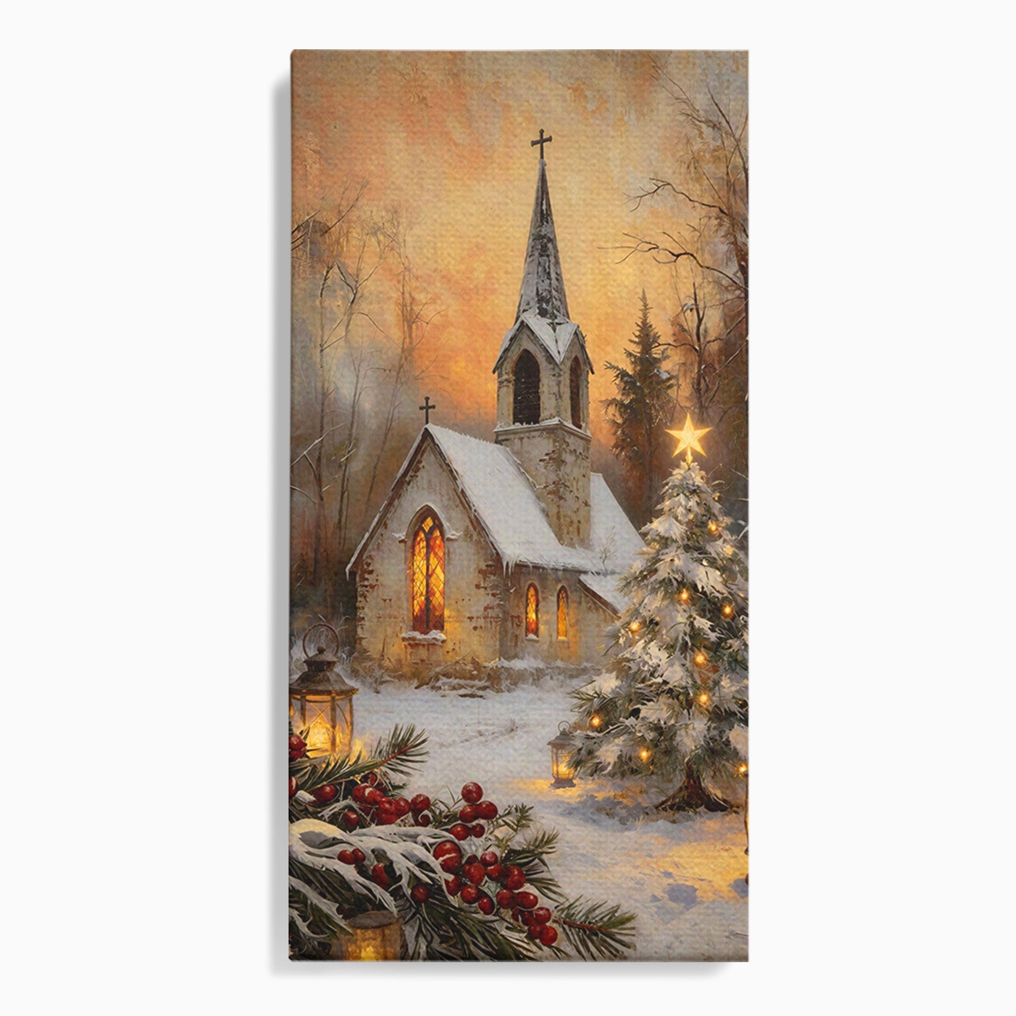 Tablou Canvas Premium LuxCanva® PI1234, Biserica De Craciun,Lacas, Iarna, Craciun, Peisaj, Living, Dormitor, Culori Vibrante