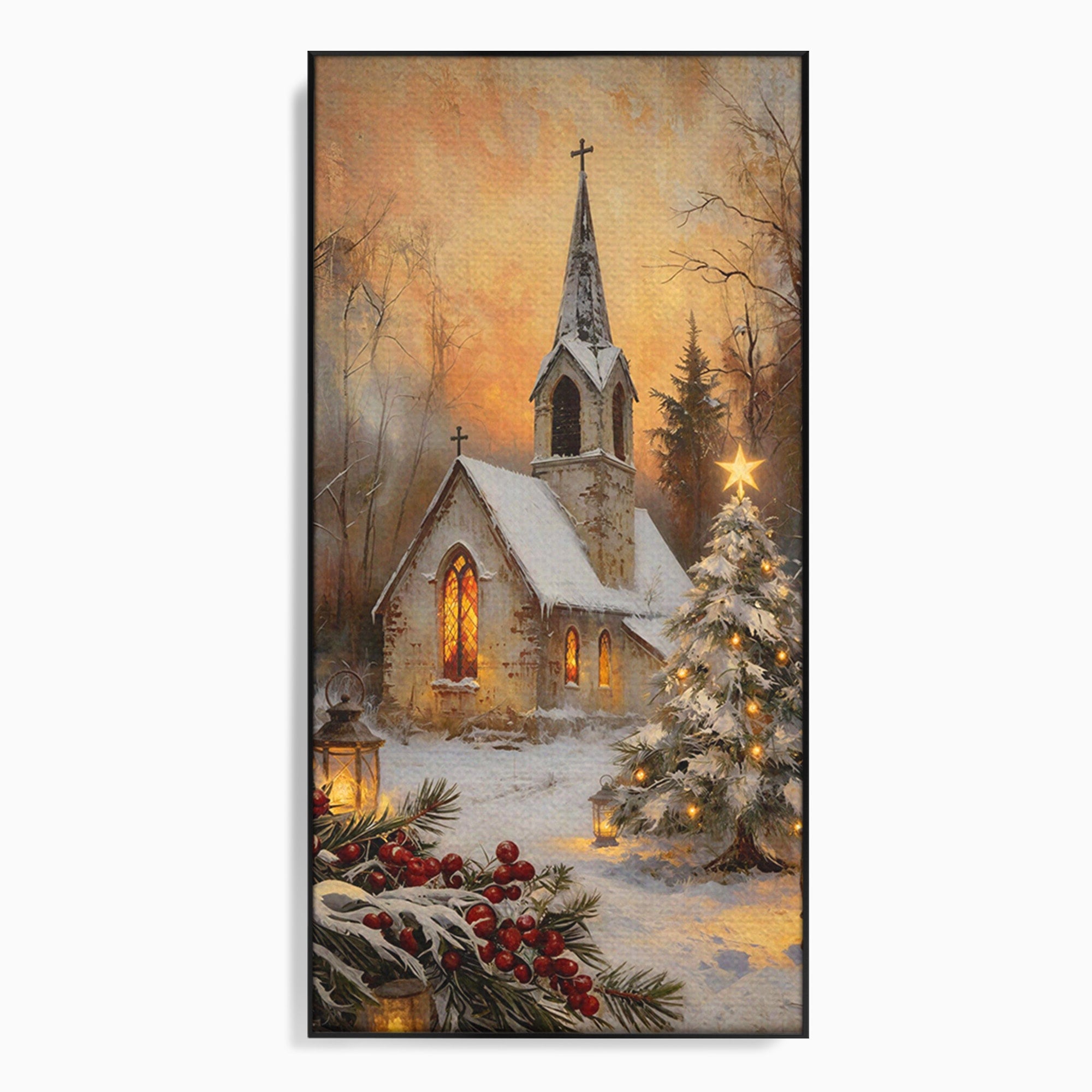 Tablou Canvas Premium LuxCanva® PI1234, Biserica De Craciun,Lacas, Iarna, Craciun, Peisaj, Living, Dormitor, Culori Vibrante