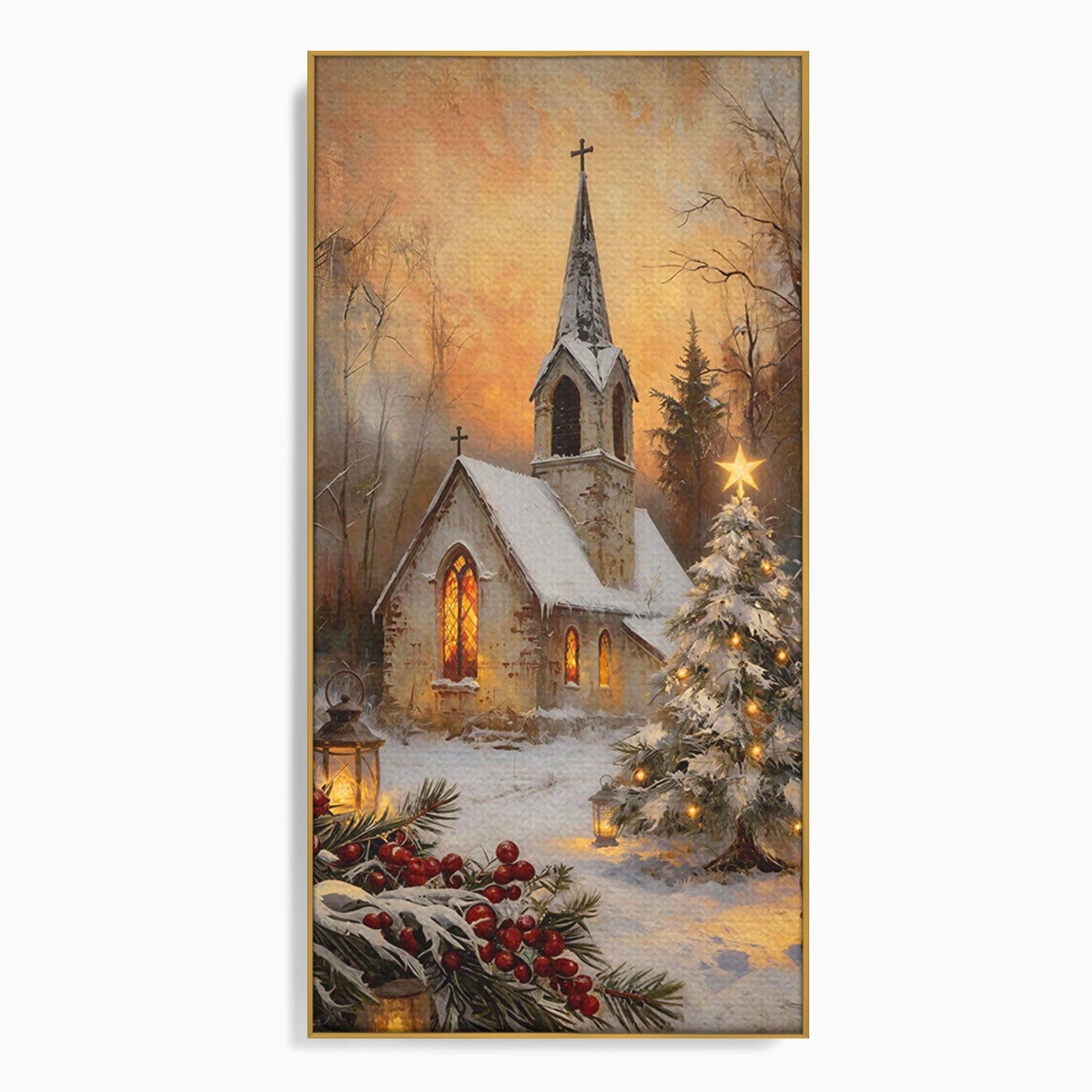 Tablou Canvas Premium LuxCanva® PI1234, Biserica De Craciun,Lacas, Iarna, Craciun, Peisaj, Living, Dormitor, Culori Vibrante