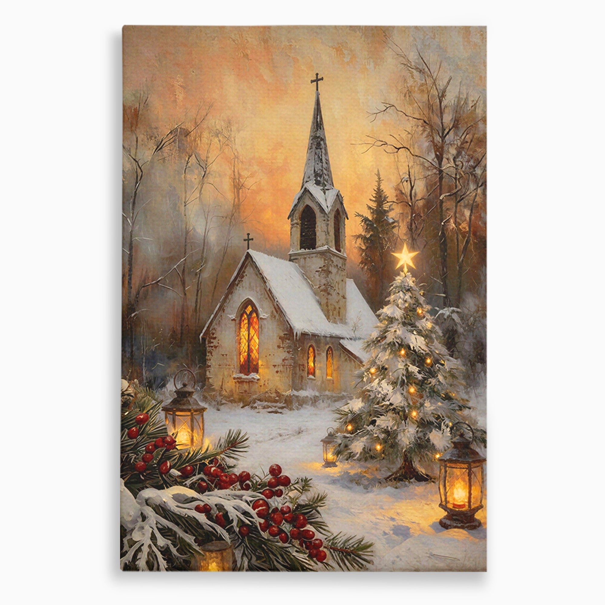 Tablou Canvas Premium LuxCanva® PI1234, Biserica De Craciun,Lacas, Iarna, Craciun, Peisaj, Living, Dormitor, Culori Vibrante