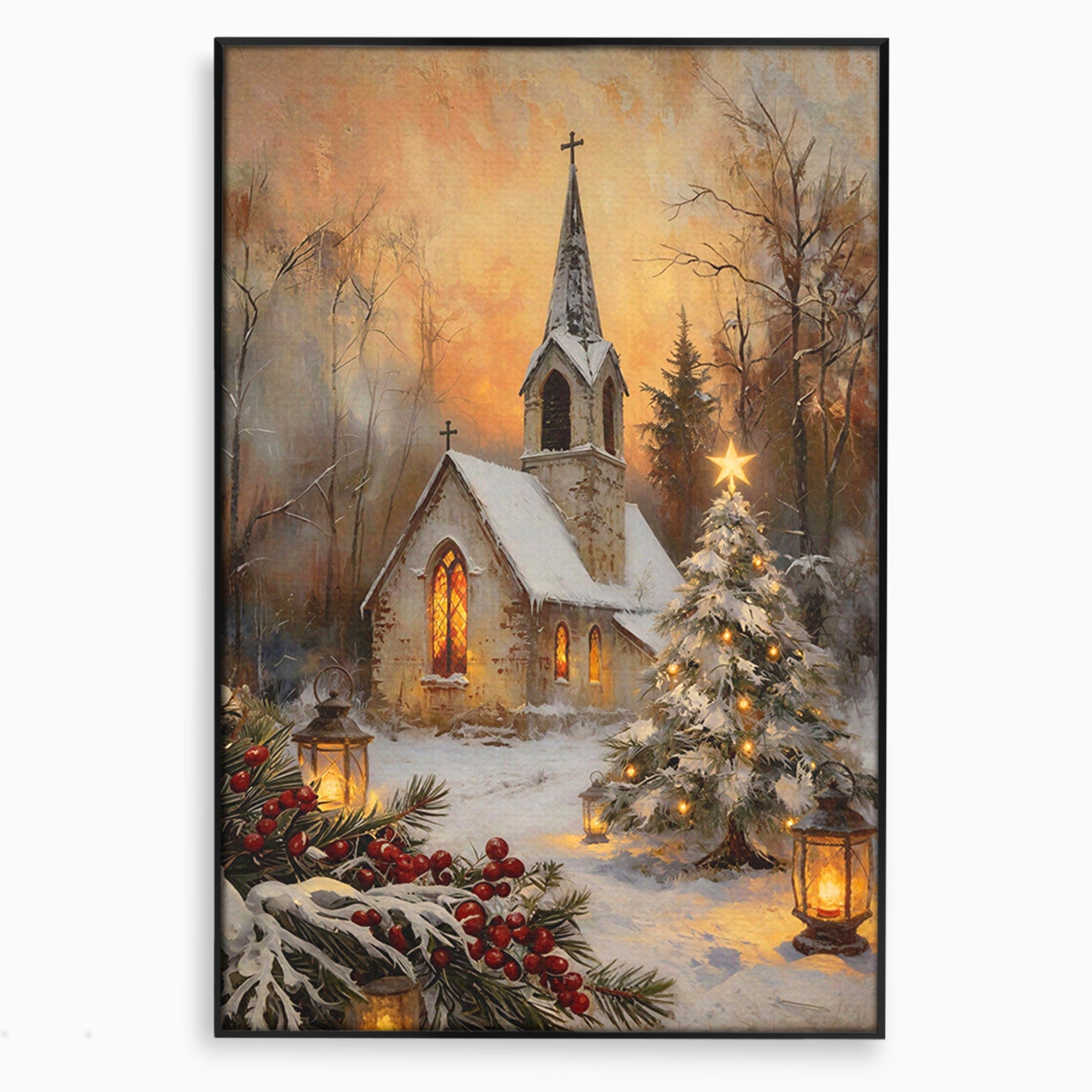 Tablou Canvas Premium LuxCanva® PI1234, Biserica De Craciun,Lacas, Iarna, Craciun, Peisaj, Living, Dormitor, Culori Vibrante