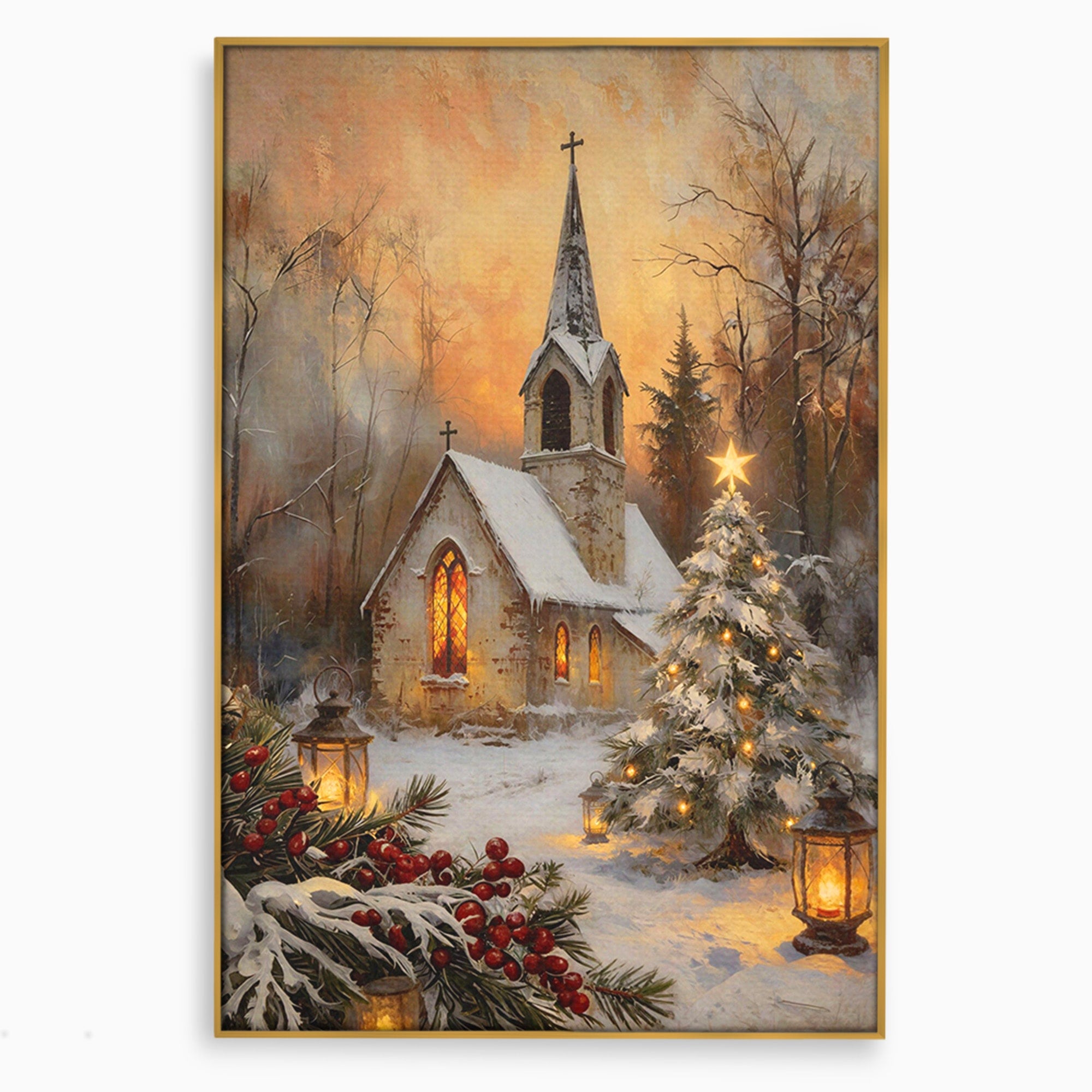 Tablou Canvas Premium LuxCanva® PI1234, Biserica De Craciun,Lacas, Iarna, Craciun, Peisaj, Living, Dormitor, Culori Vibrante