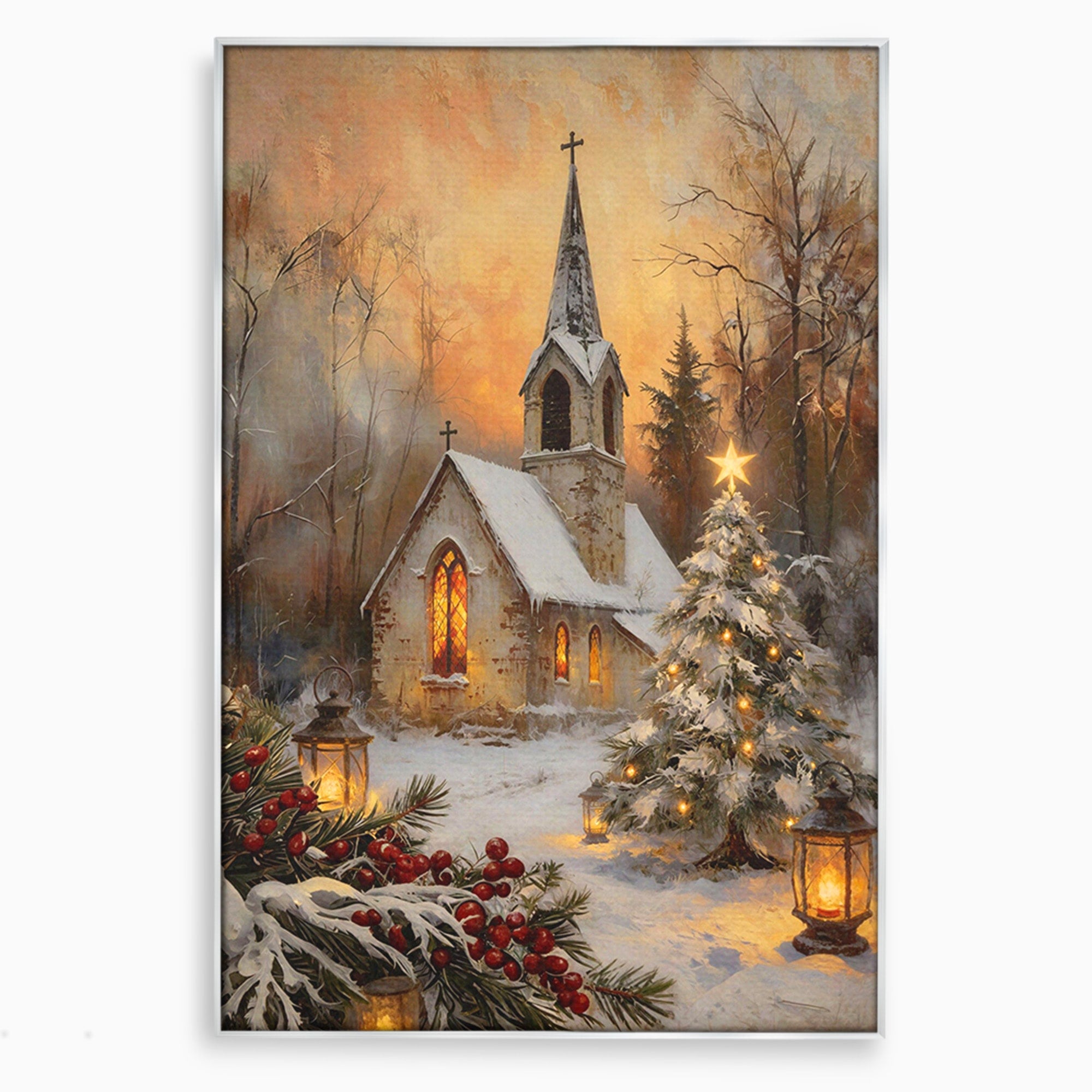 Tablou Canvas Premium LuxCanva® PI1234, Biserica De Craciun,Lacas, Iarna, Craciun, Peisaj, Living, Dormitor, Culori Vibrante