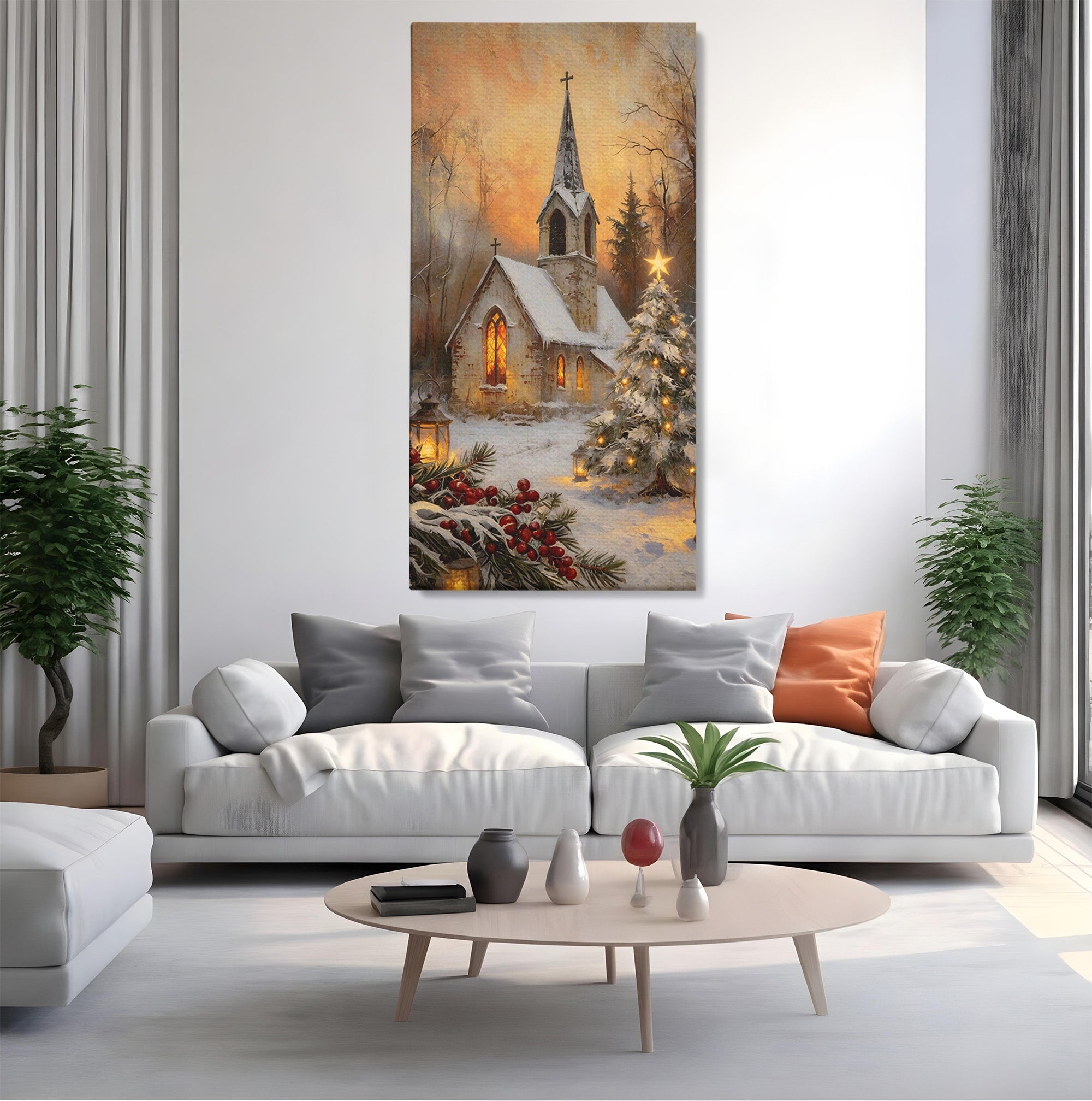 Tablou Canvas Premium LuxCanva® PI1234, Biserica De Craciun,Lacas, Iarna, Craciun, Peisaj, Living, Dormitor, Culori Vibrante