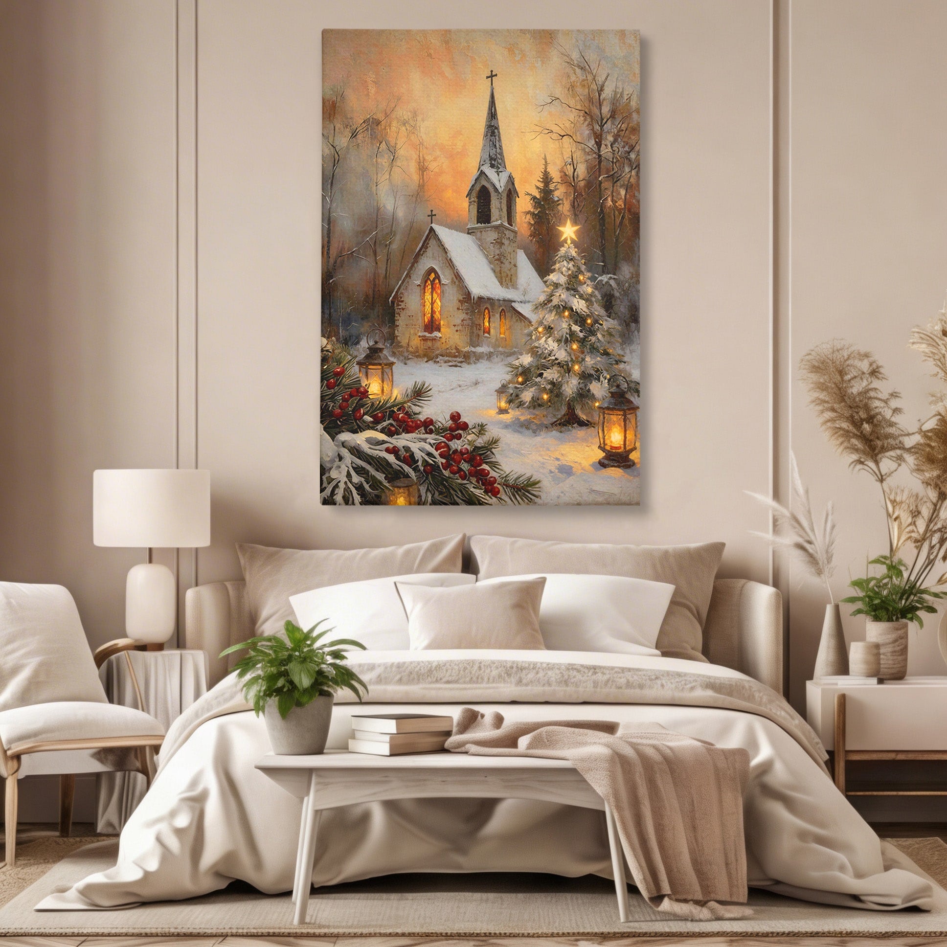 Tablou Canvas Premium LuxCanva® PI1234, Biserica De Craciun,Lacas, Iarna, Craciun, Peisaj, Living, Dormitor, Culori Vibrante