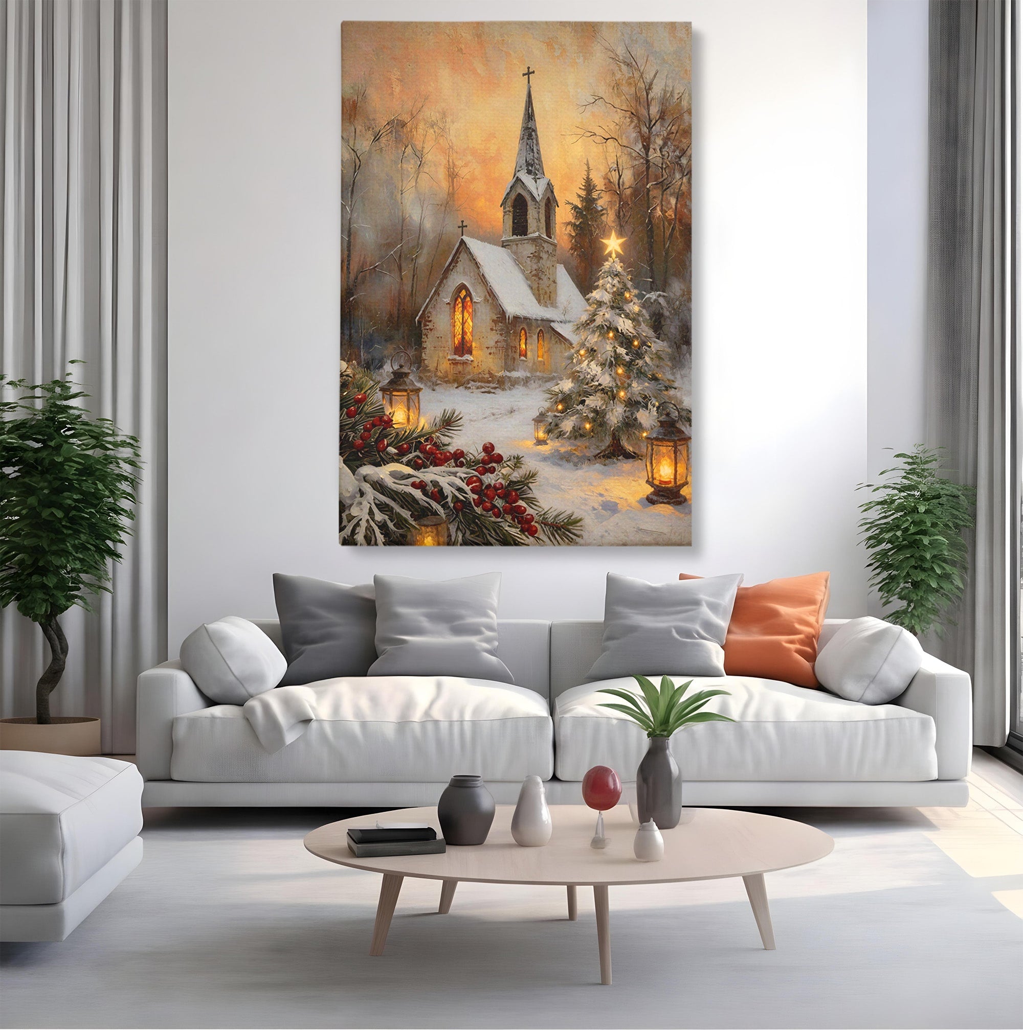 Tablou Canvas Premium LuxCanva® PI1234, Biserica De Craciun,Lacas, Iarna, Craciun, Peisaj, Living, Dormitor, Culori Vibrante