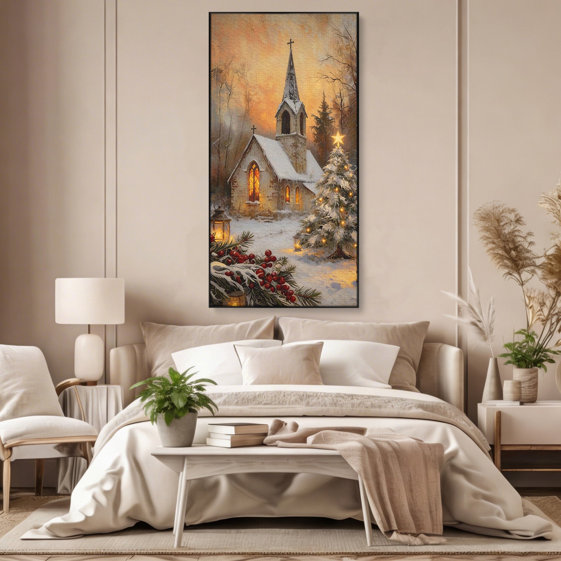 Tablou Canvas Premium LuxCanva® PI1234, Biserica De Craciun,Lacas, Iarna, Craciun, Peisaj, Living, Dormitor, Culori Vibrante