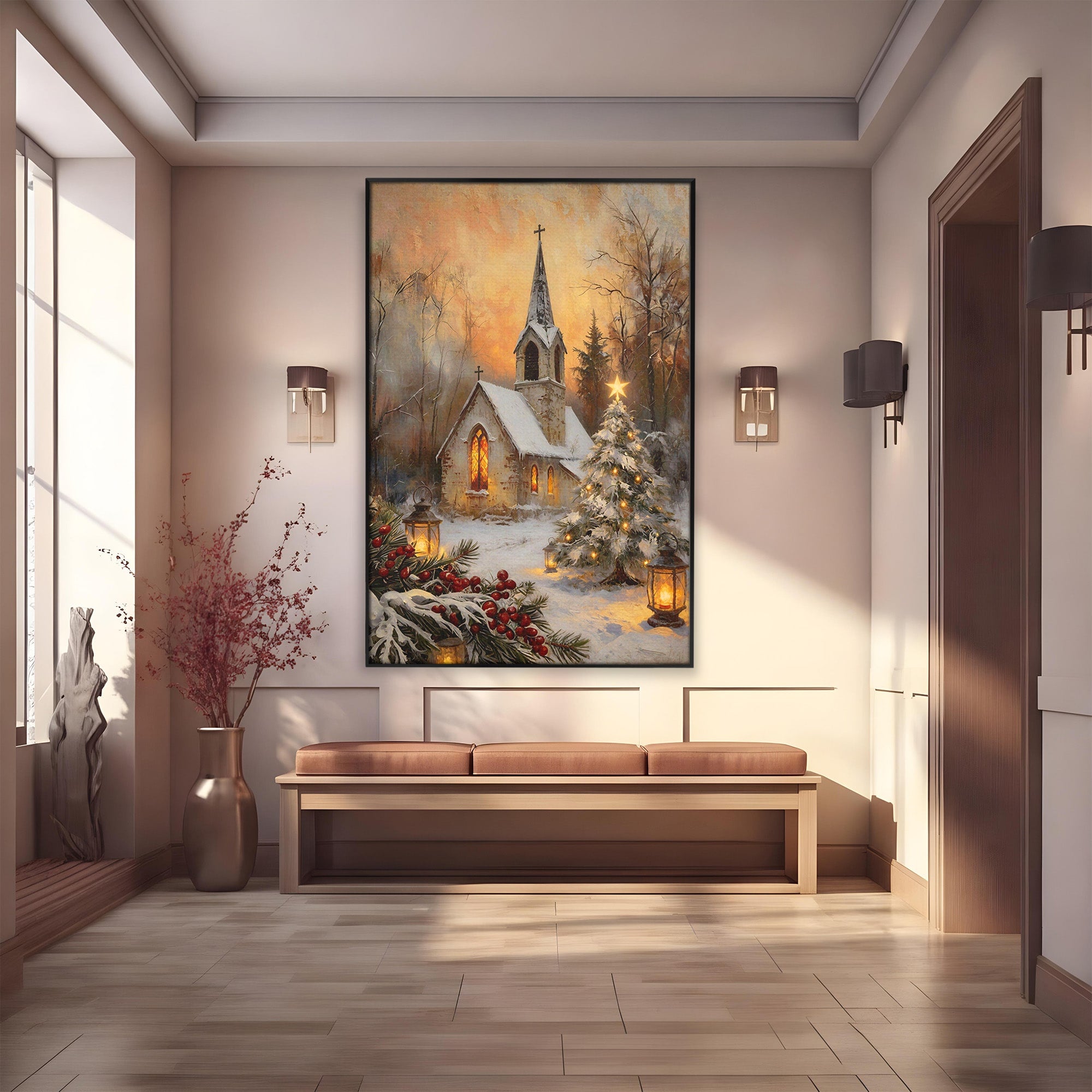 Tablou Canvas Premium LuxCanva® PI1234, Biserica De Craciun,Lacas, Iarna, Craciun, Peisaj, Living, Dormitor, Culori Vibrante