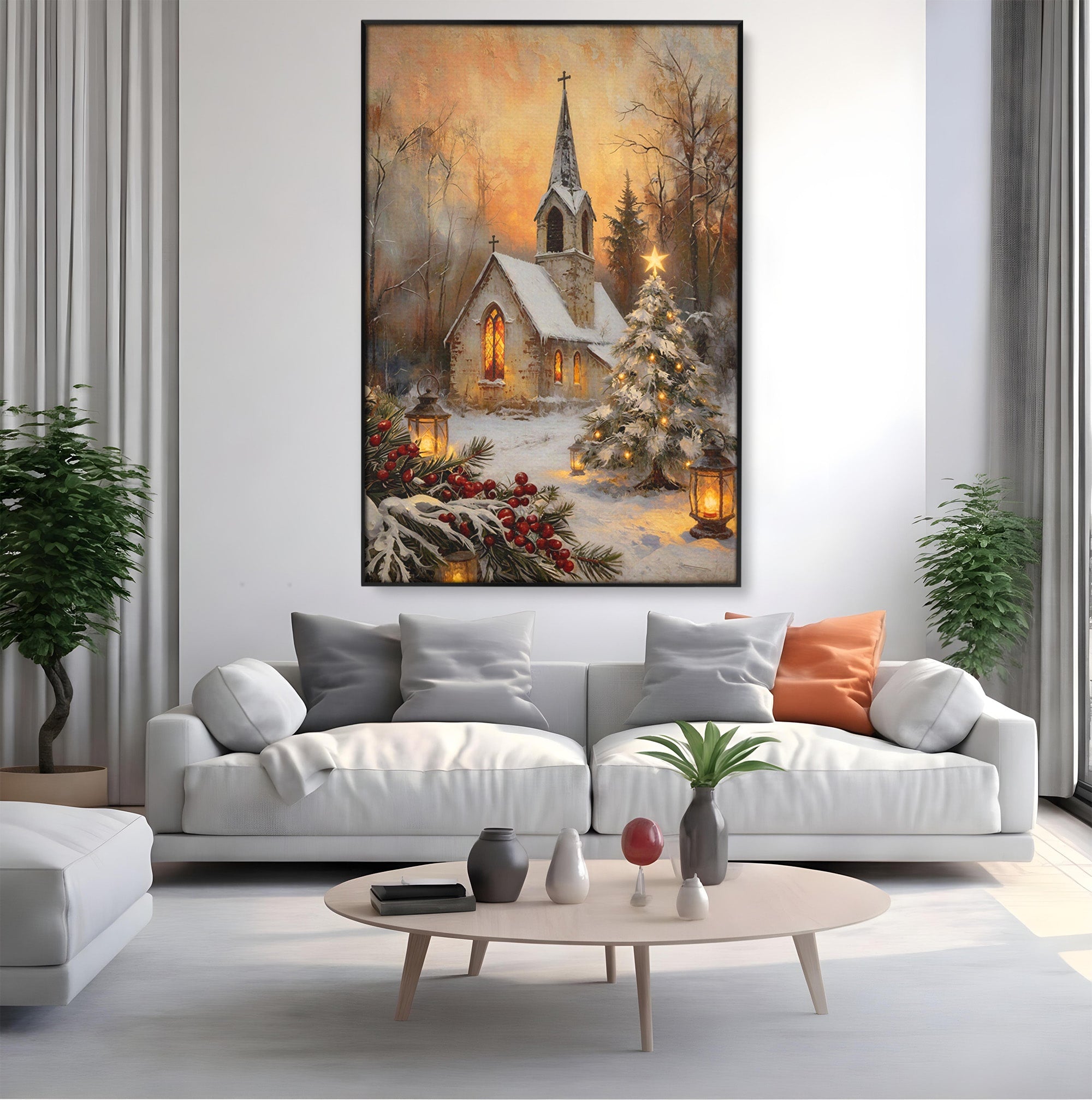 Tablou Canvas Premium LuxCanva® PI1234, Biserica De Craciun,Lacas, Iarna, Craciun, Peisaj, Living, Dormitor, Culori Vibrante