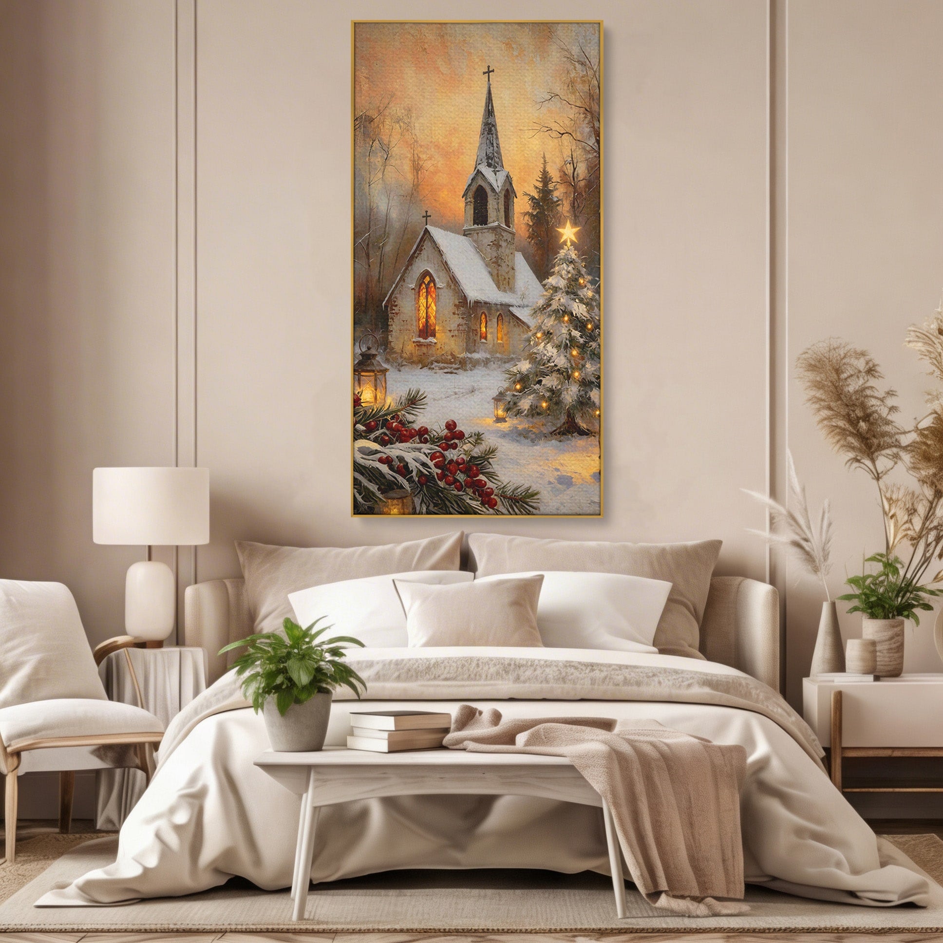 Tablou Canvas Premium LuxCanva® PI1234, Biserica De Craciun,Lacas, Iarna, Craciun, Peisaj, Living, Dormitor, Culori Vibrante