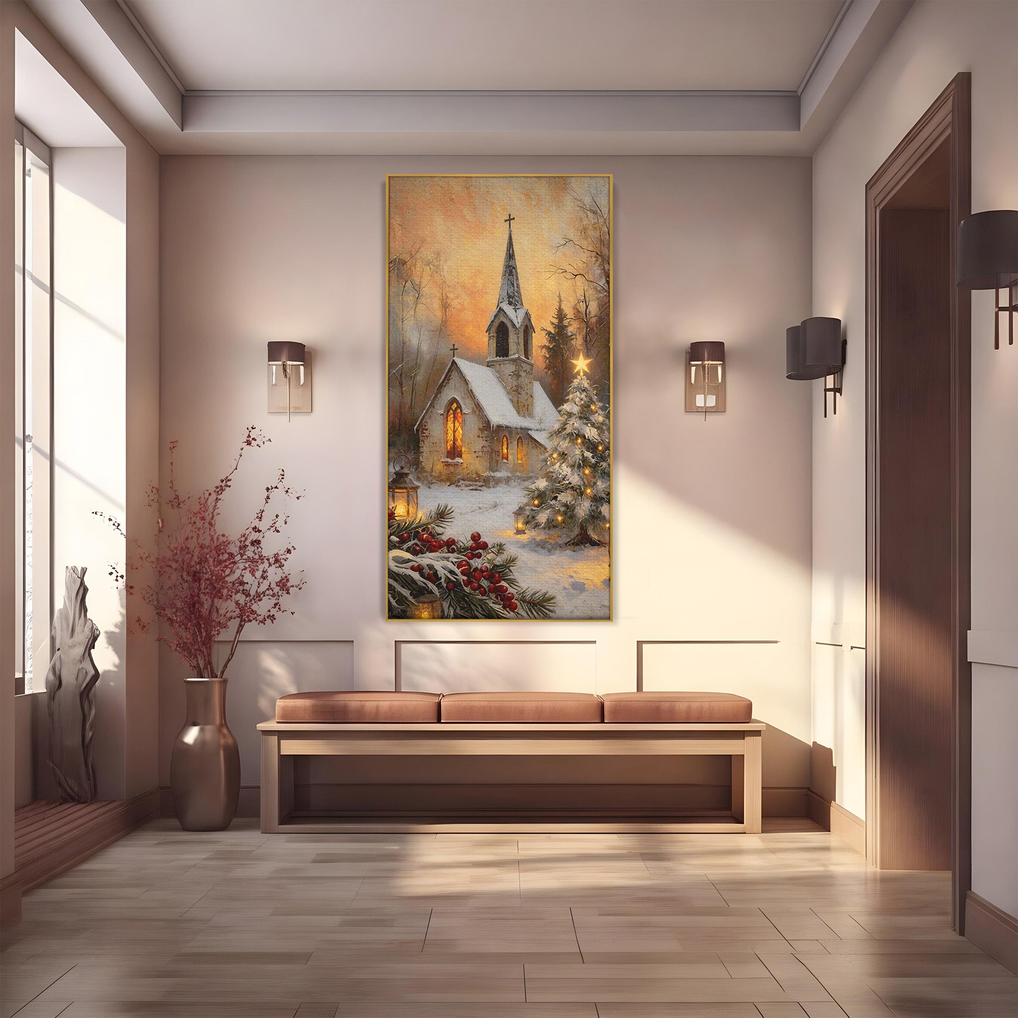 Tablou Canvas Premium LuxCanva® PI1234, Biserica De Craciun,Lacas, Iarna, Craciun, Peisaj, Living, Dormitor, Culori Vibrante