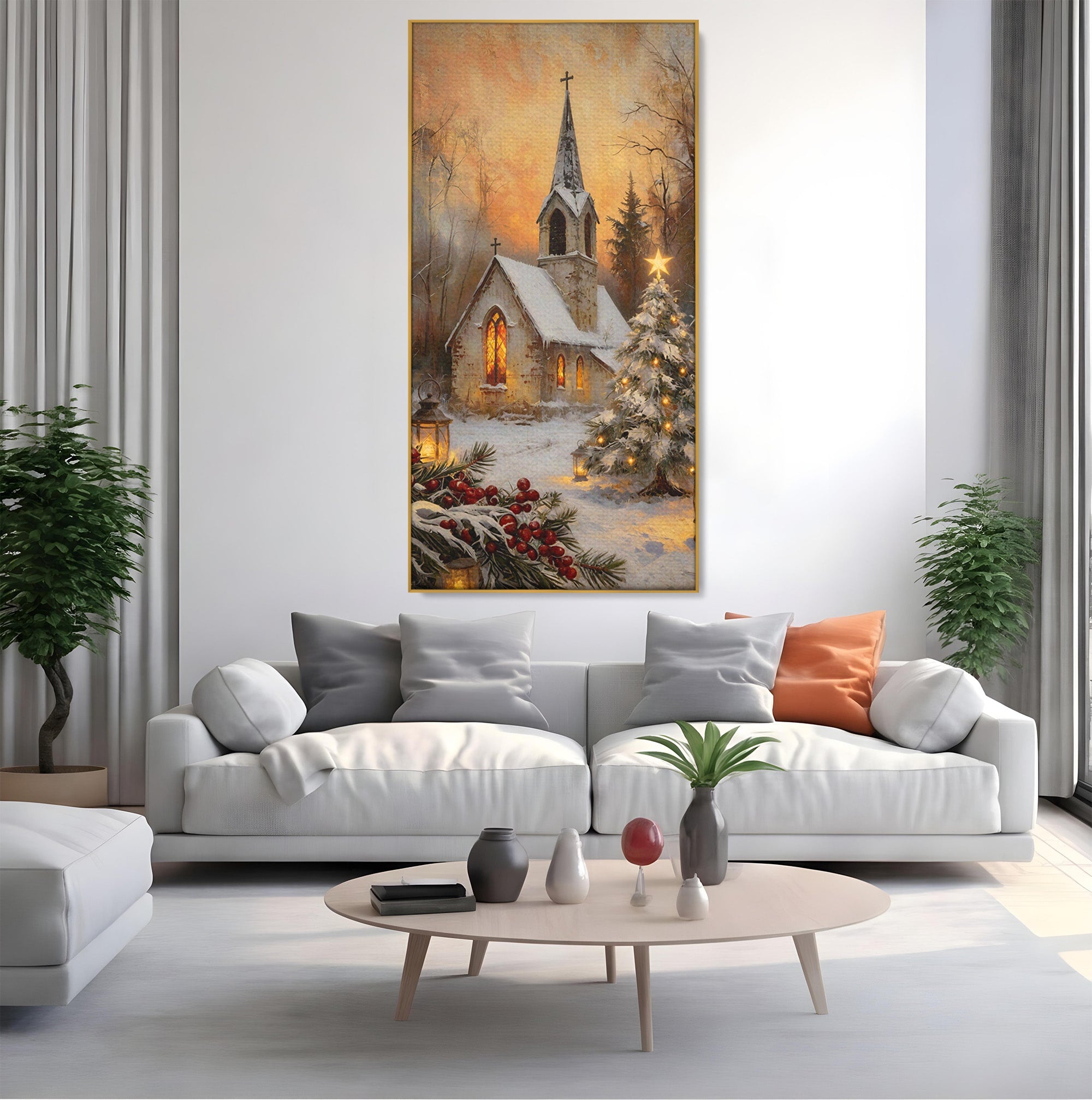 Tablou Canvas Premium LuxCanva® PI1234, Biserica De Craciun,Lacas, Iarna, Craciun, Peisaj, Living, Dormitor, Culori Vibrante