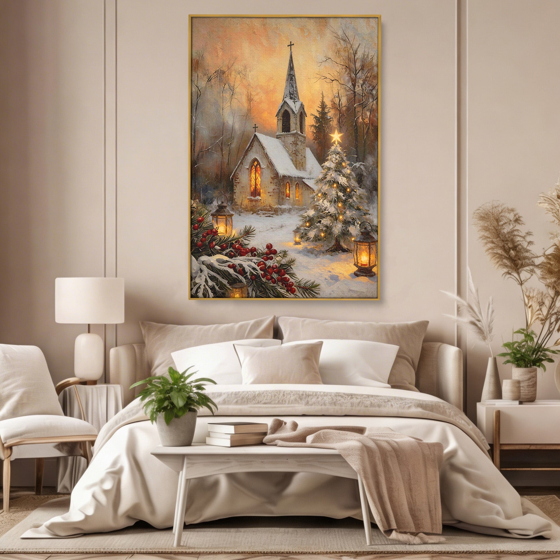 Tablou Canvas Premium LuxCanva® PI1234, Biserica De Craciun,Lacas, Iarna, Craciun, Peisaj, Living, Dormitor, Culori Vibrante