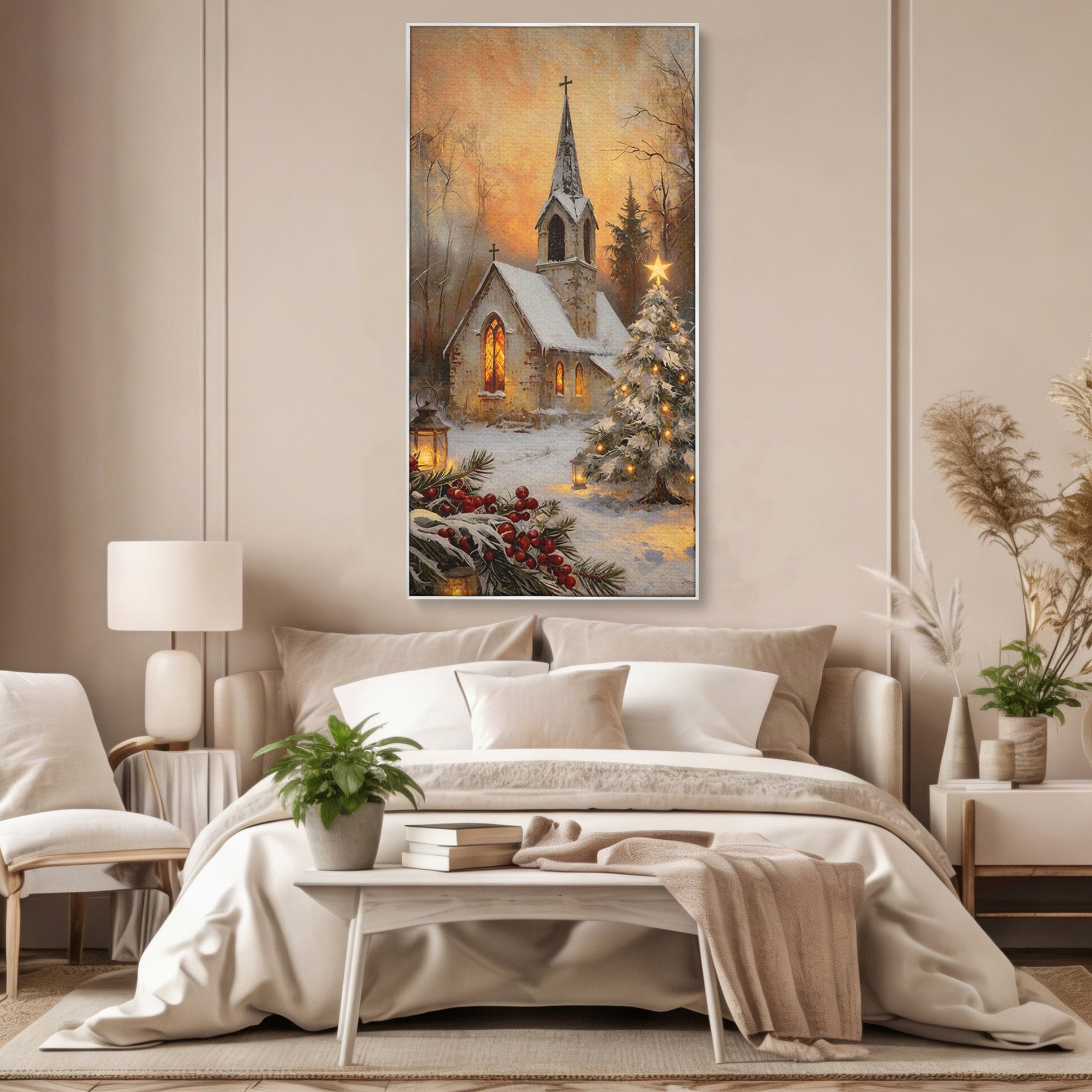 Tablou Canvas Premium LuxCanva® PI1234, Biserica De Craciun,Lacas, Iarna, Craciun, Peisaj, Living, Dormitor, Culori Vibrante