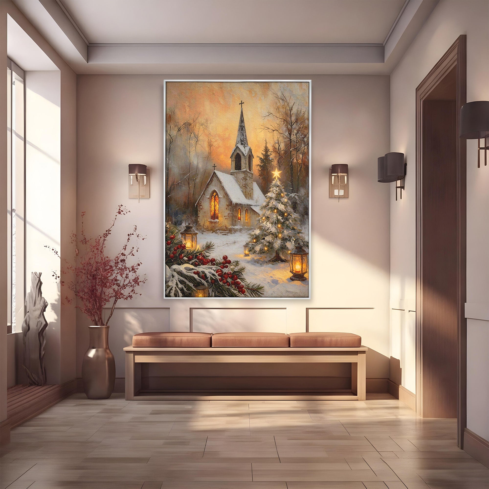 Tablou Canvas Premium LuxCanva® PI1234, Biserica De Craciun,Lacas, Iarna, Craciun, Peisaj, Living, Dormitor, Culori Vibrante