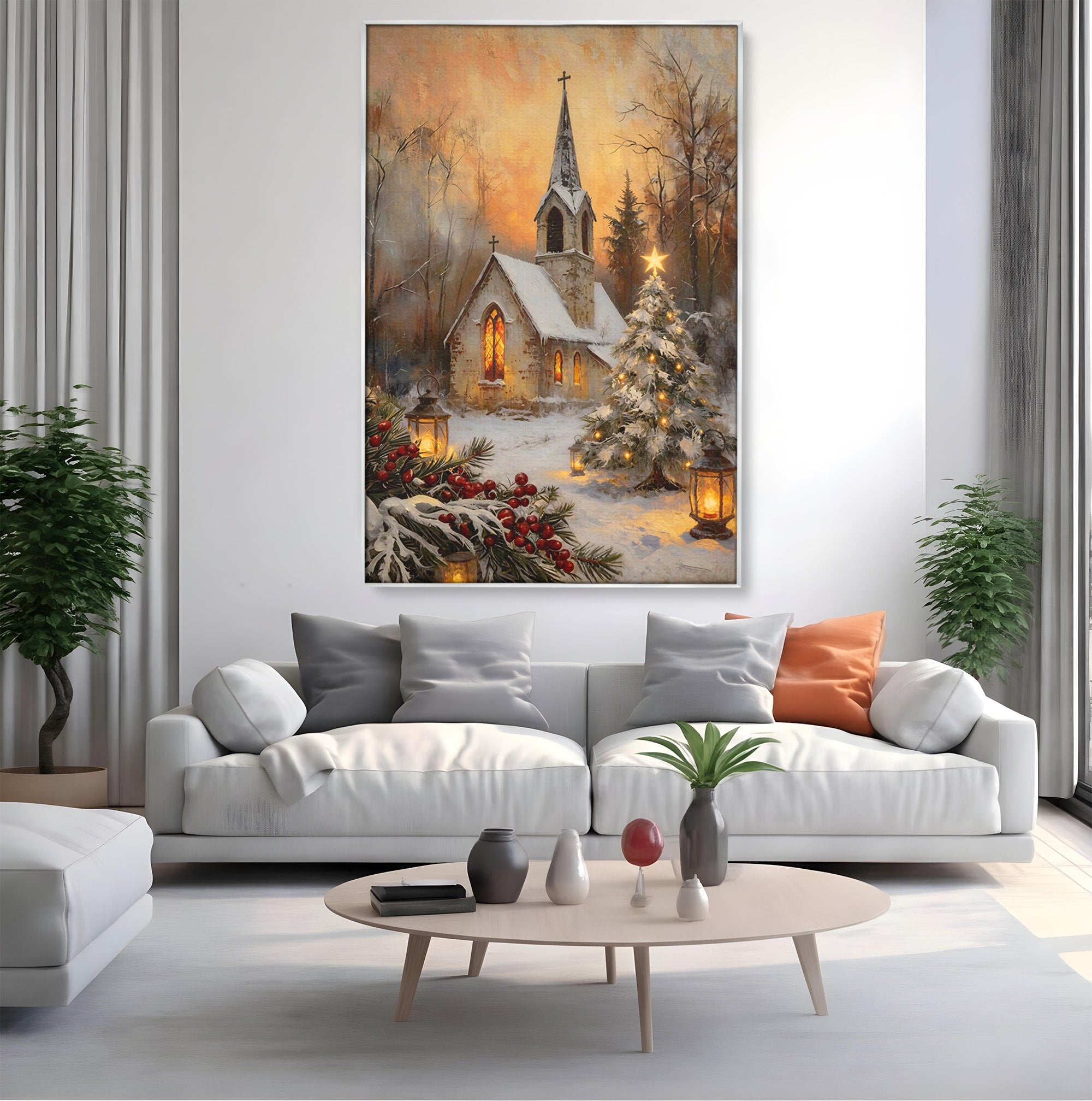 Tablou Canvas Premium LuxCanva® PI1234, Biserica De Craciun,Lacas, Iarna, Craciun, Peisaj, Living, Dormitor, Culori Vibrante