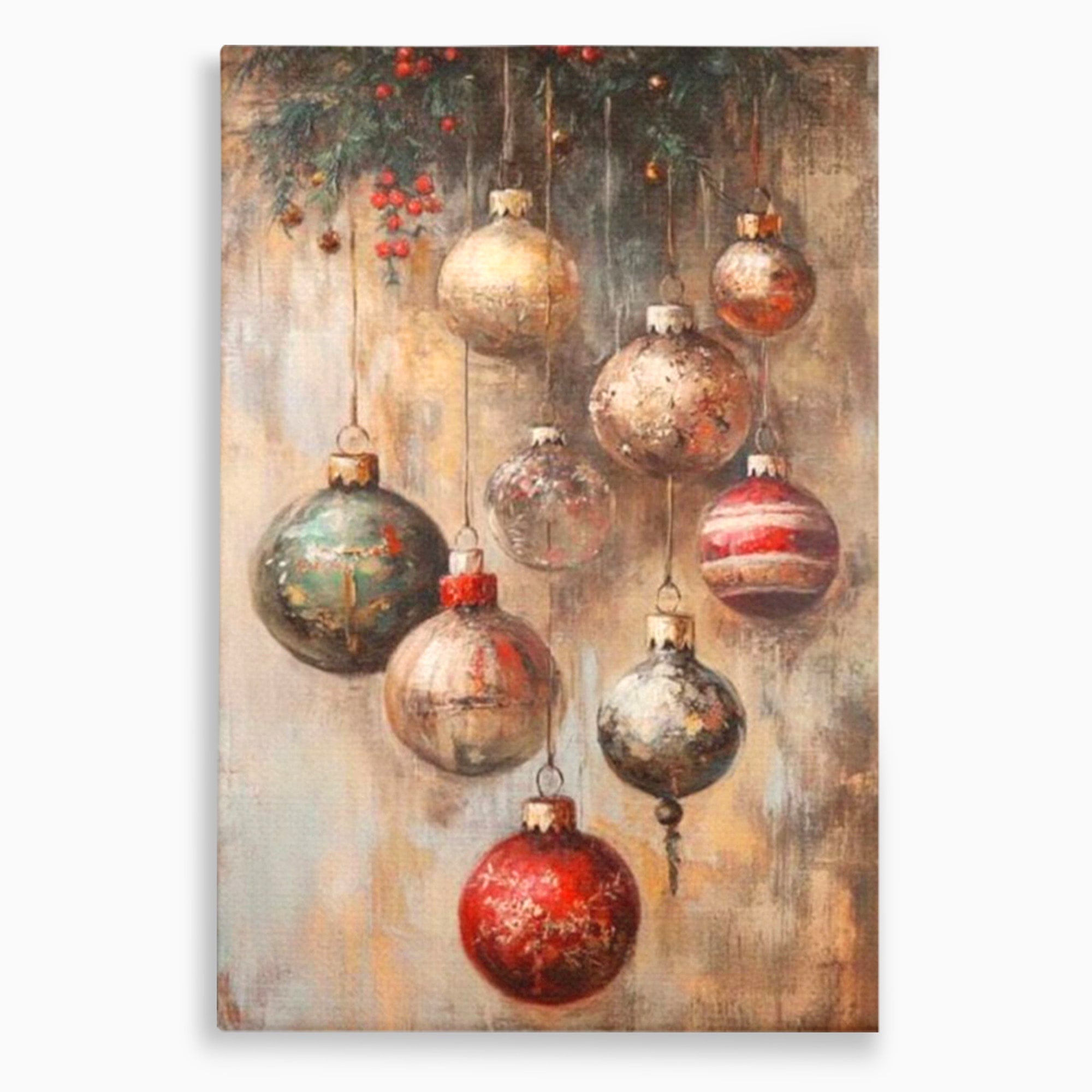 Tablou Canvas Premium LuxCanva® PI1236, Globuri De Craciun Vintage, Decoratiuni, Brad, Rosu, Sarbatori, Living, Culori Vibrante