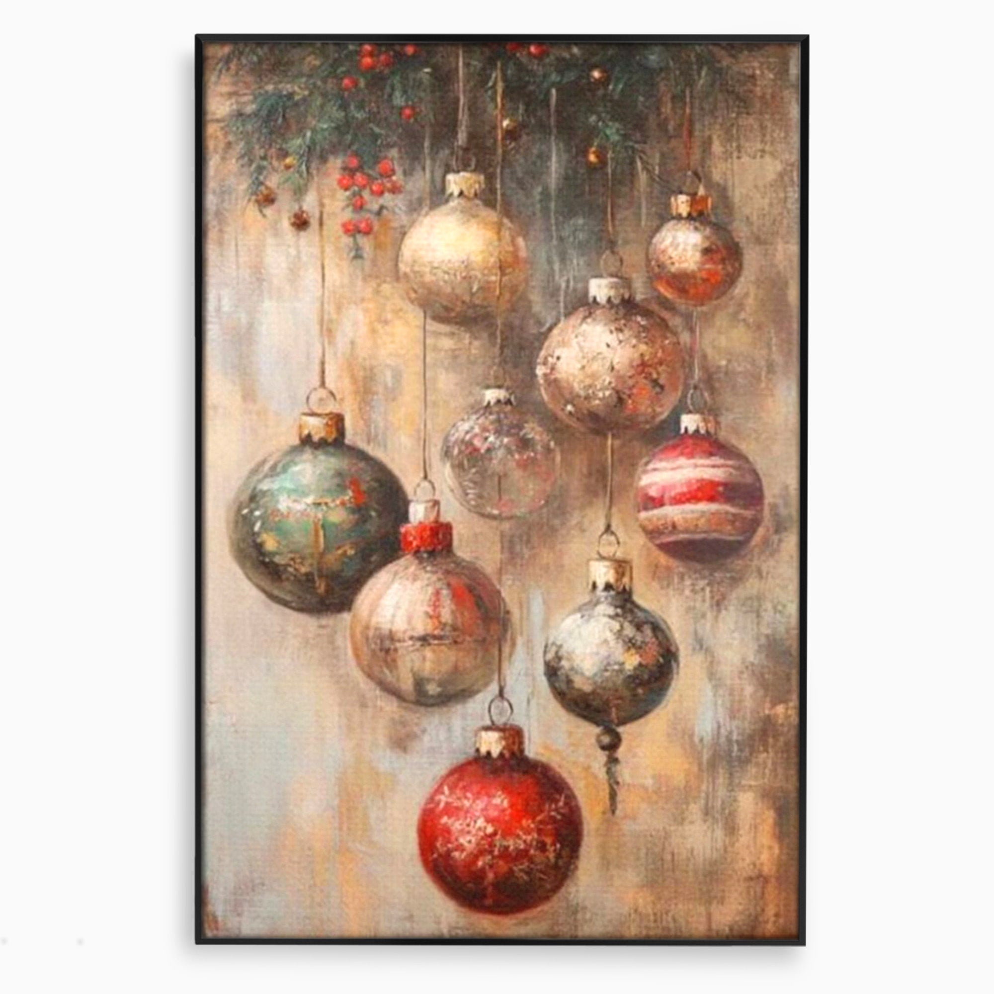 Tablou Canvas Premium LuxCanva® PI1236, Globuri De Craciun Vintage, Decoratiuni, Brad, Rosu, Sarbatori, Living, Culori Vibrante