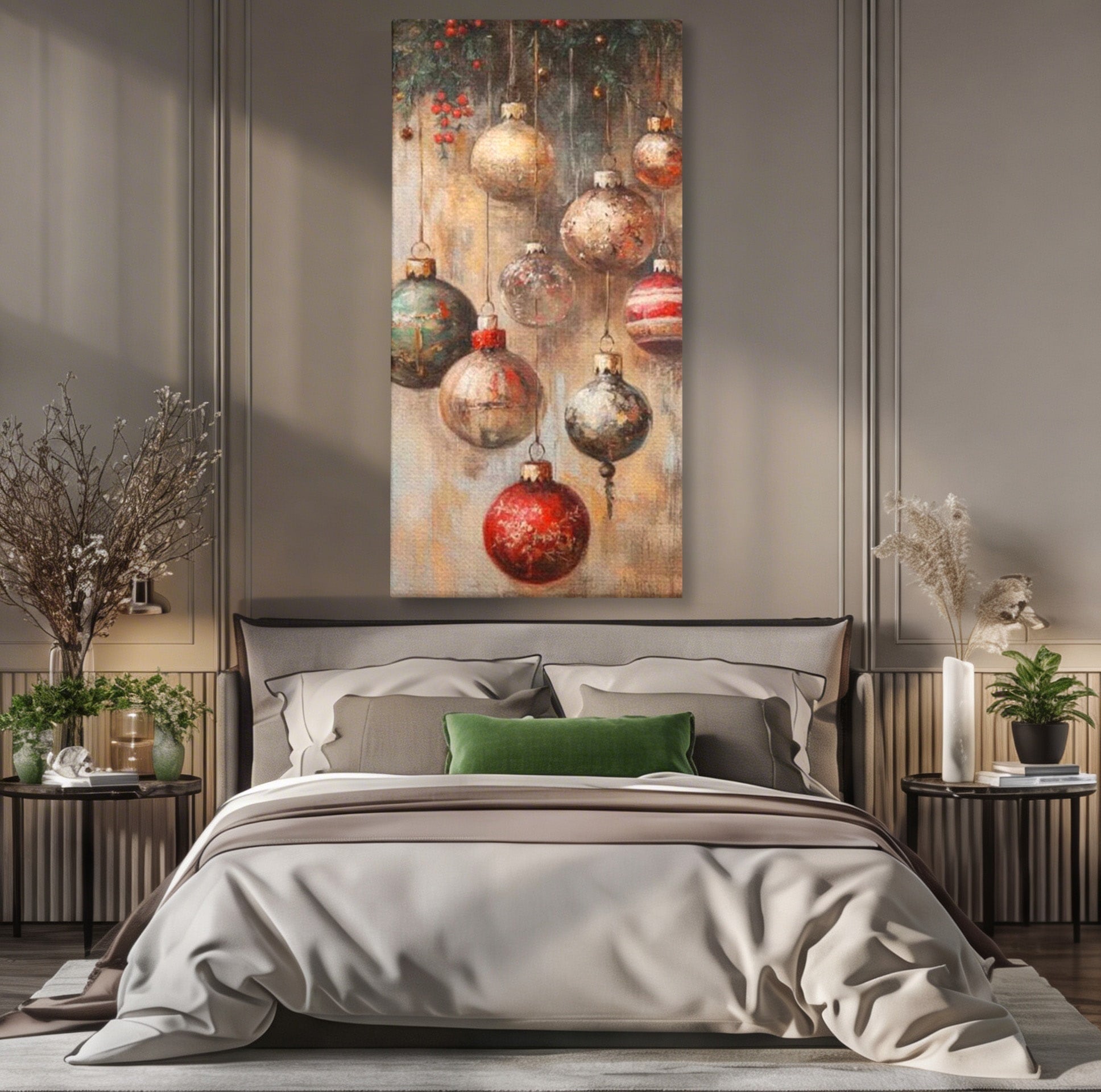 Tablou Canvas Premium LuxCanva® PI1236, Globuri De Craciun Vintage, Decoratiuni, Brad, Rosu, Sarbatori, Living, Culori Vibrante