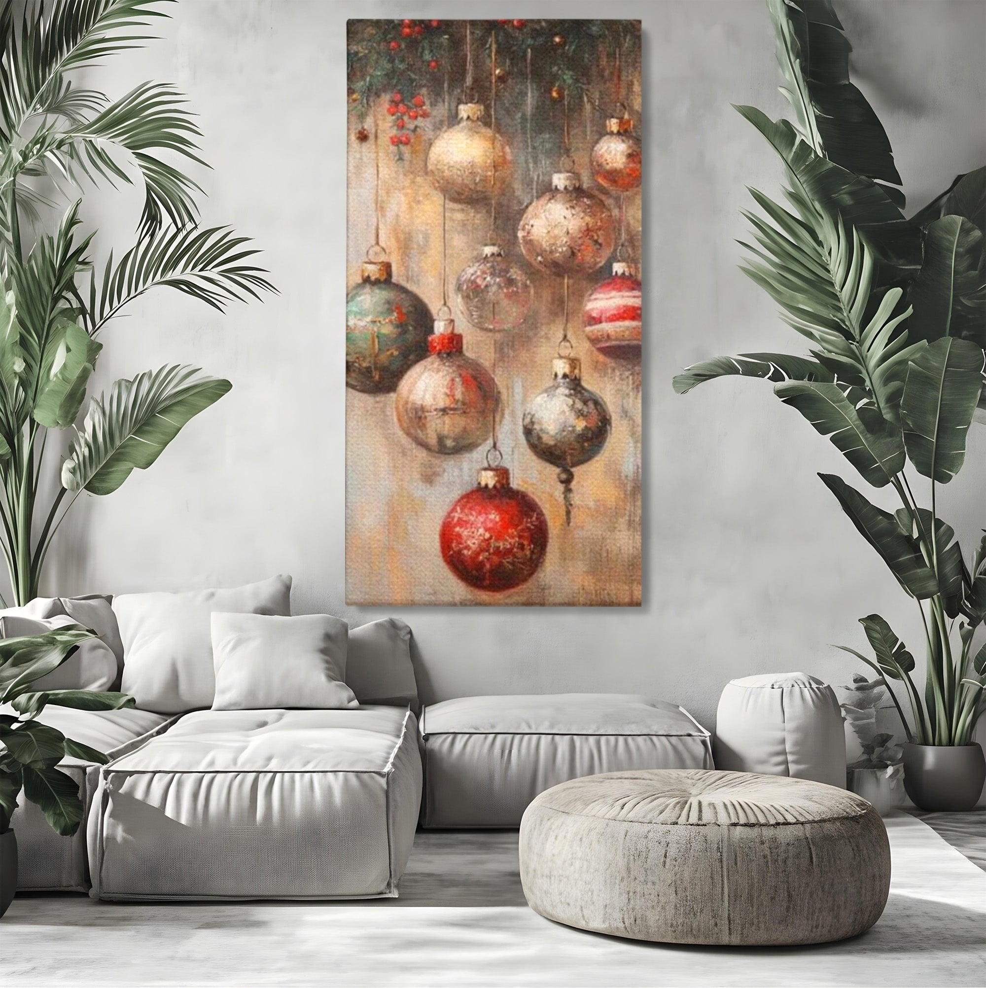 Tablou Canvas Premium LuxCanva® PI1236, Globuri De Craciun Vintage, Decoratiuni, Brad, Rosu, Sarbatori, Living, Culori Vibrante