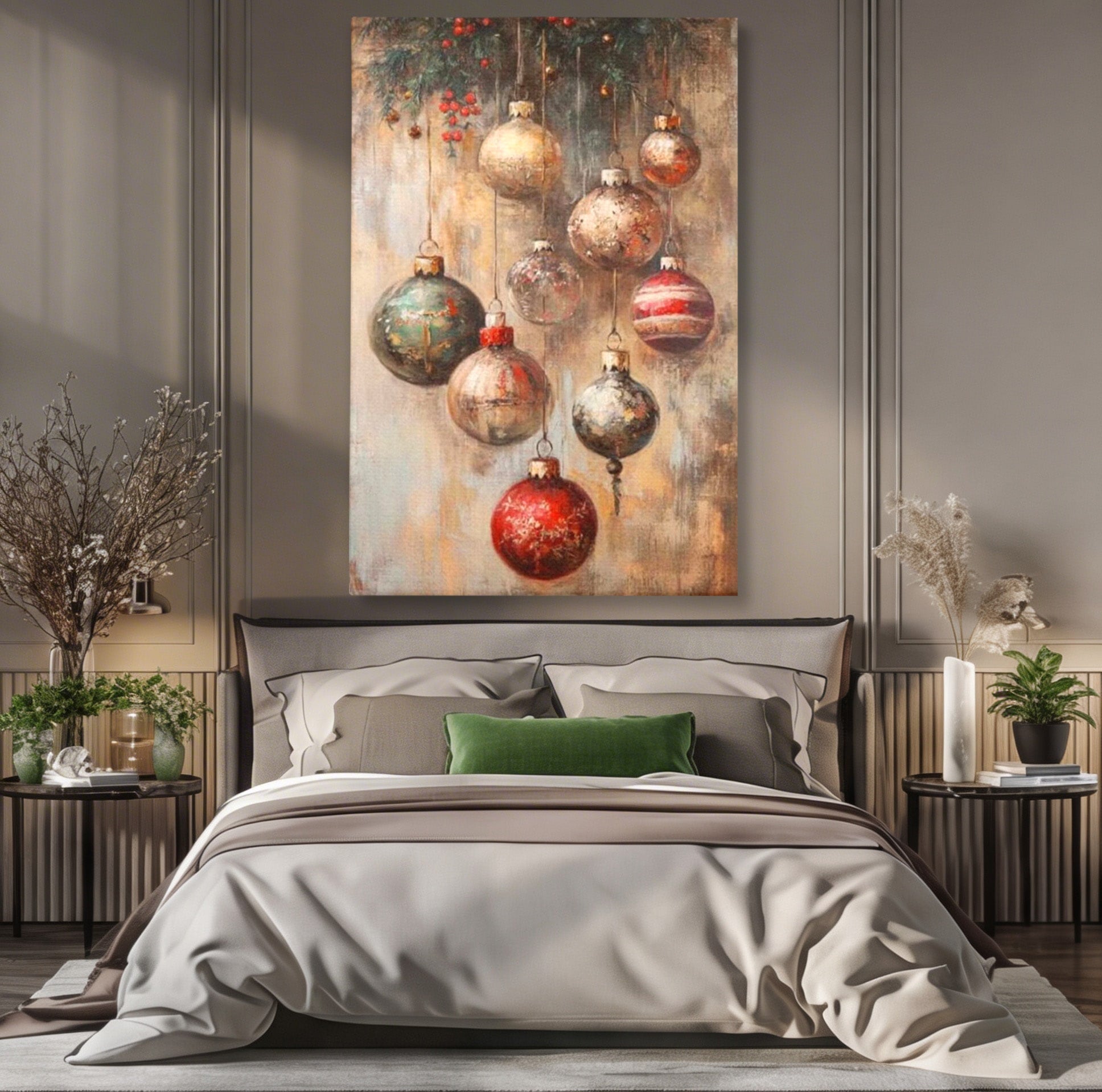 Tablou Canvas Premium LuxCanva® PI1236, Globuri De Craciun Vintage, Decoratiuni, Brad, Rosu, Sarbatori, Living, Culori Vibrante