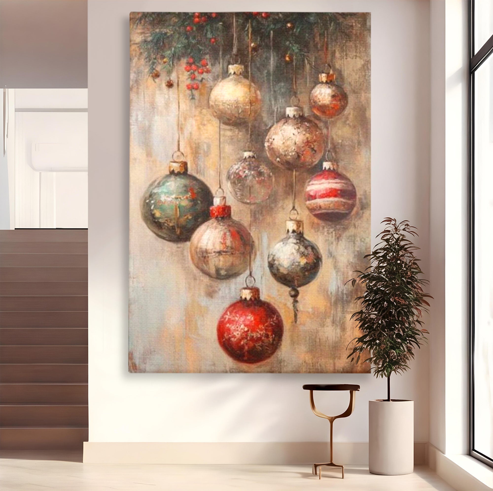 Tablou Canvas Premium LuxCanva® PI1236, Globuri De Craciun Vintage, Decoratiuni, Brad, Rosu, Sarbatori, Living, Culori Vibrante