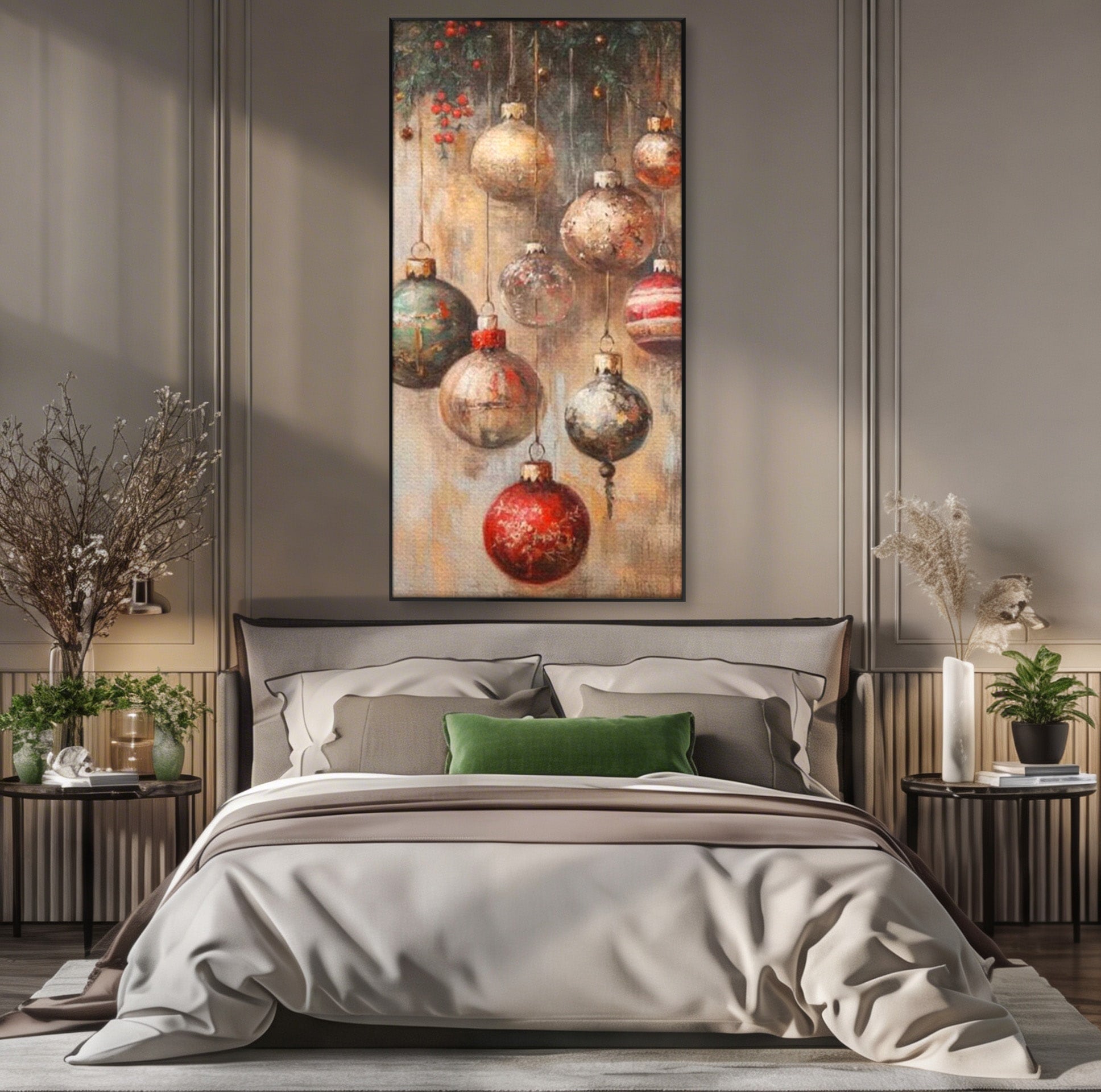 Tablou Canvas Premium LuxCanva® PI1236, Globuri De Craciun Vintage, Decoratiuni, Brad, Rosu, Sarbatori, Living, Culori Vibrante