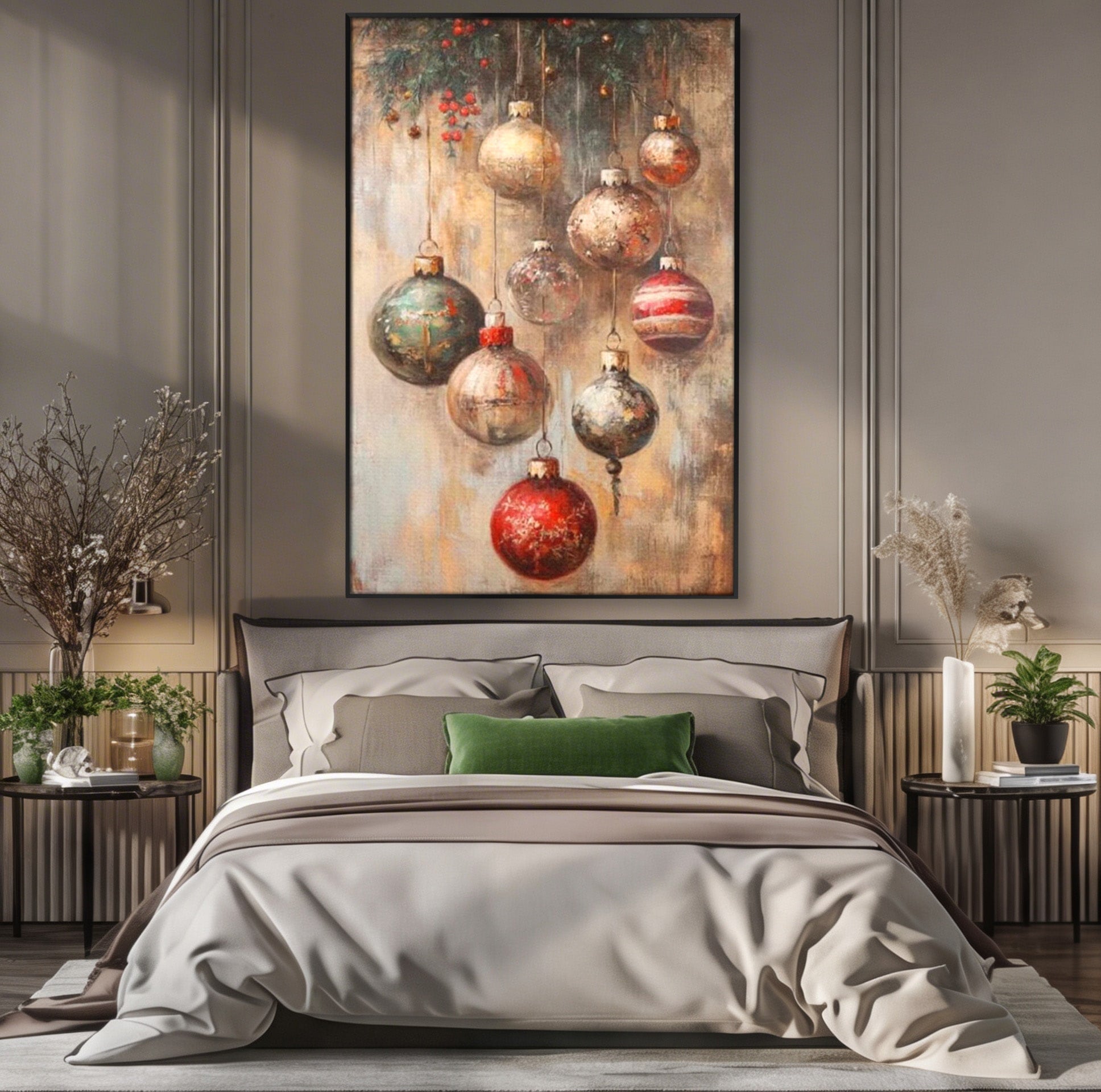 Tablou Canvas Premium LuxCanva® PI1236, Globuri De Craciun Vintage, Decoratiuni, Brad, Rosu, Sarbatori, Living, Culori Vibrante