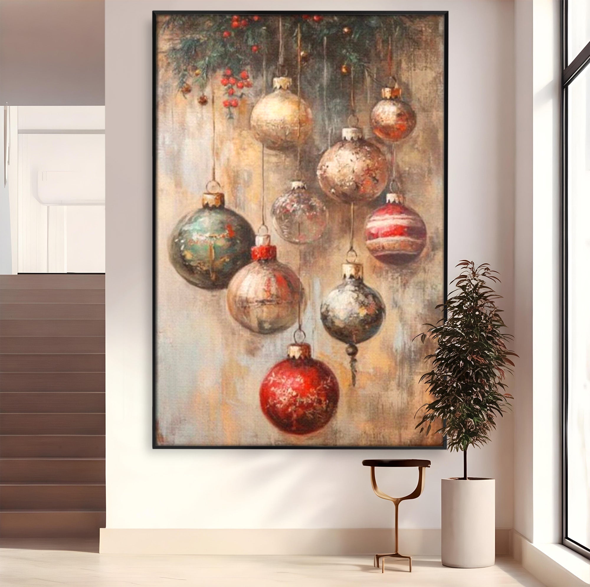 Tablou Canvas Premium LuxCanva® PI1236, Globuri De Craciun Vintage, Decoratiuni, Brad, Rosu, Sarbatori, Living, Culori Vibrante