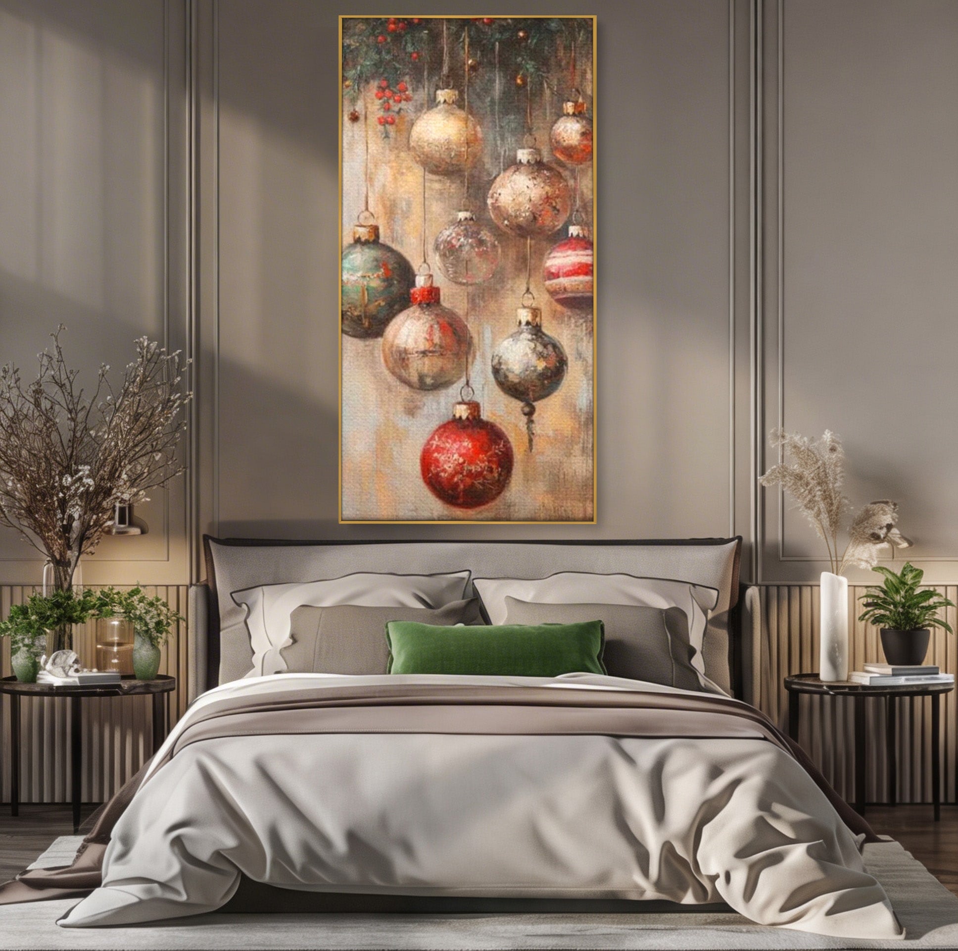 Tablou Canvas Premium LuxCanva® PI1236, Globuri De Craciun Vintage, Decoratiuni, Brad, Rosu, Sarbatori, Living, Culori Vibrante