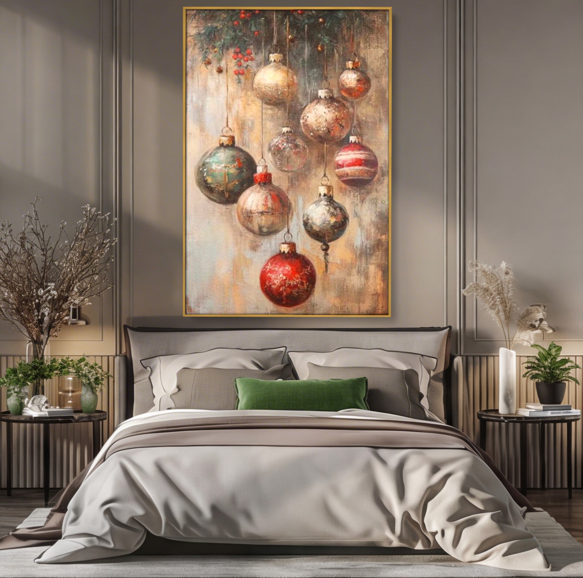 Tablou Canvas Premium LuxCanva® PI1236, Globuri De Craciun Vintage, Decoratiuni, Brad, Rosu, Sarbatori, Living, Culori Vibrante
