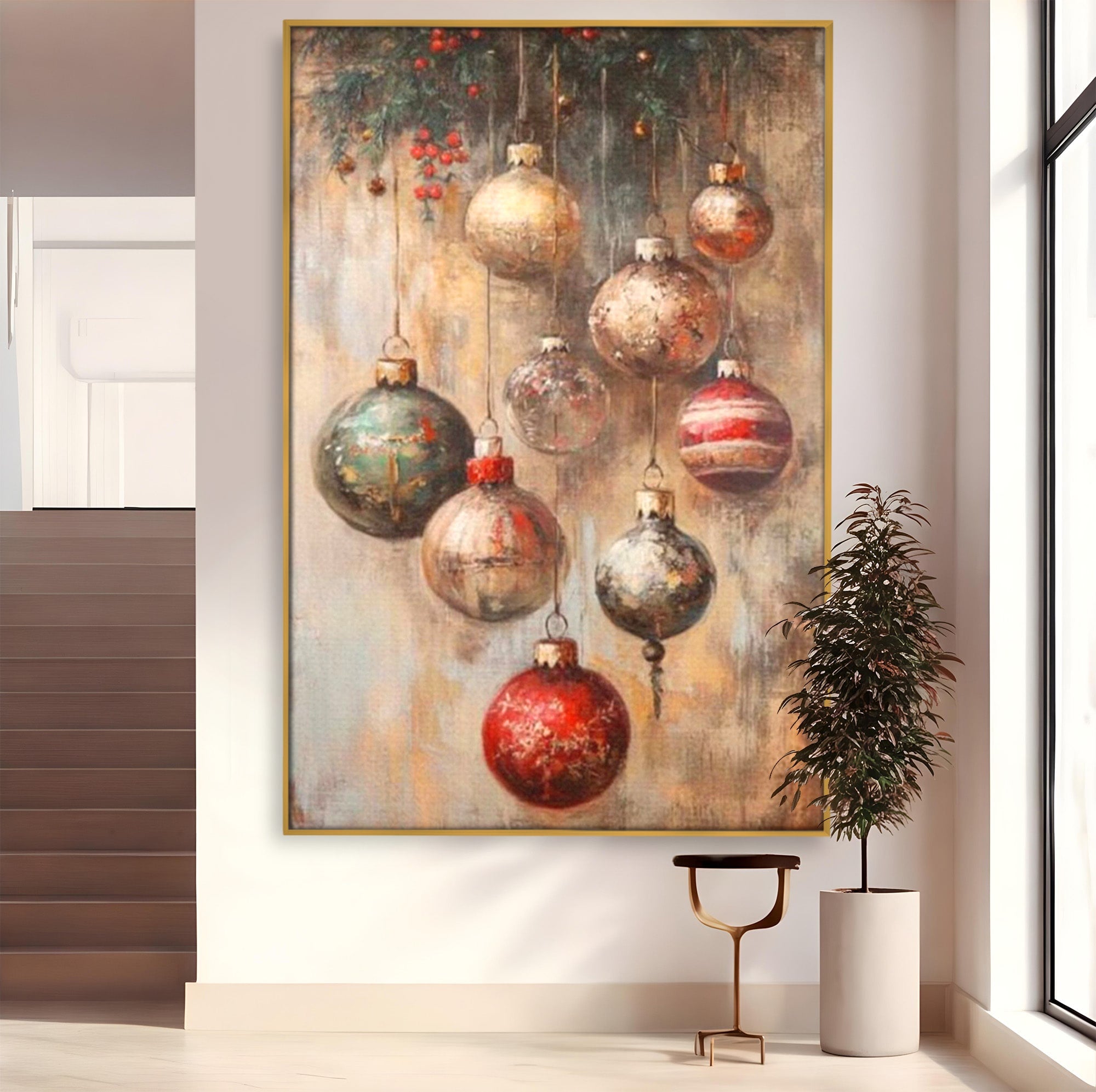 Tablou Canvas Premium LuxCanva® PI1236, Globuri De Craciun Vintage, Decoratiuni, Brad, Rosu, Sarbatori, Living, Culori Vibrante
