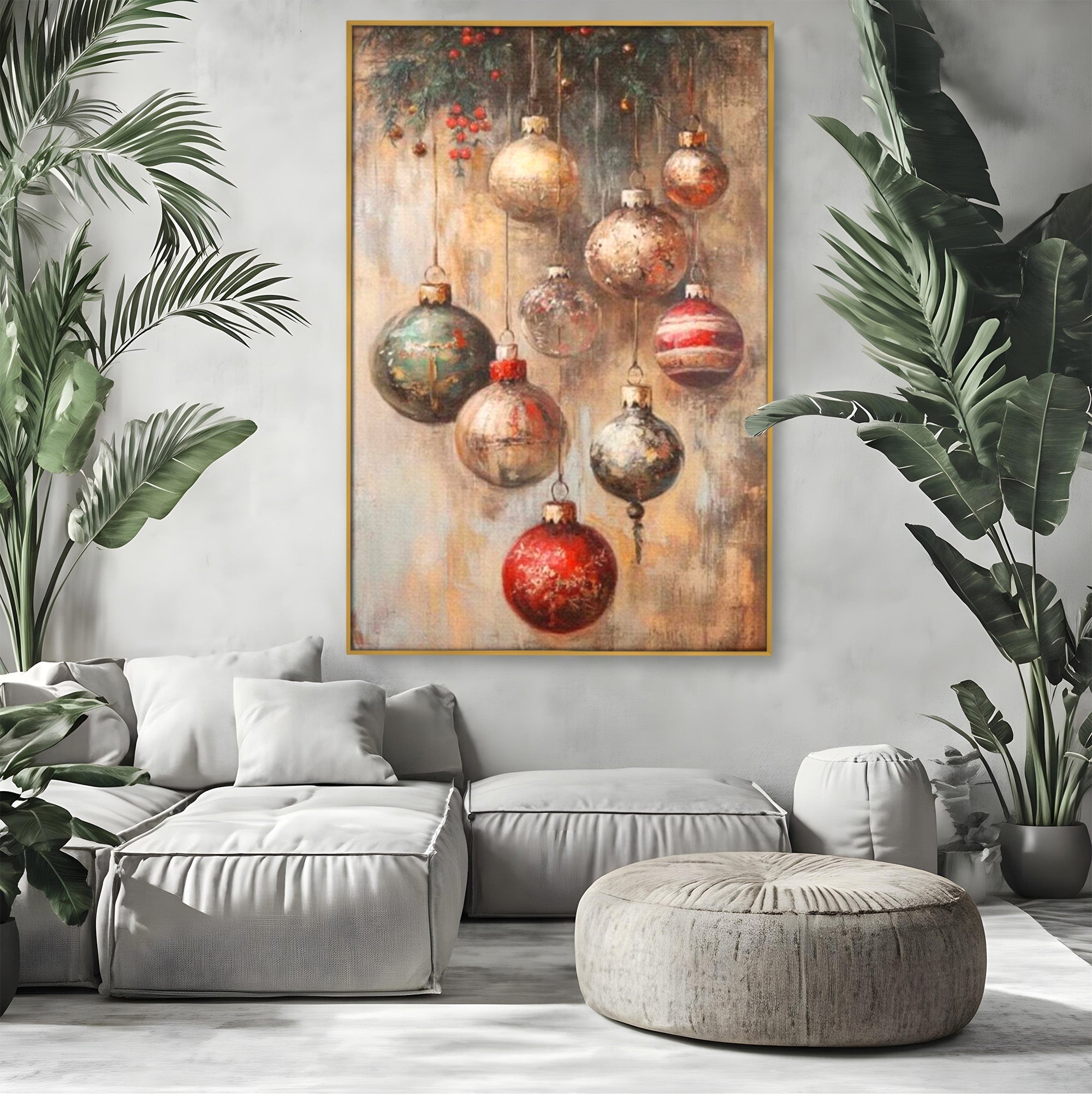 Tablou Canvas Premium LuxCanva® PI1236, Globuri De Craciun Vintage, Decoratiuni, Brad, Rosu, Sarbatori, Living, Culori Vibrante