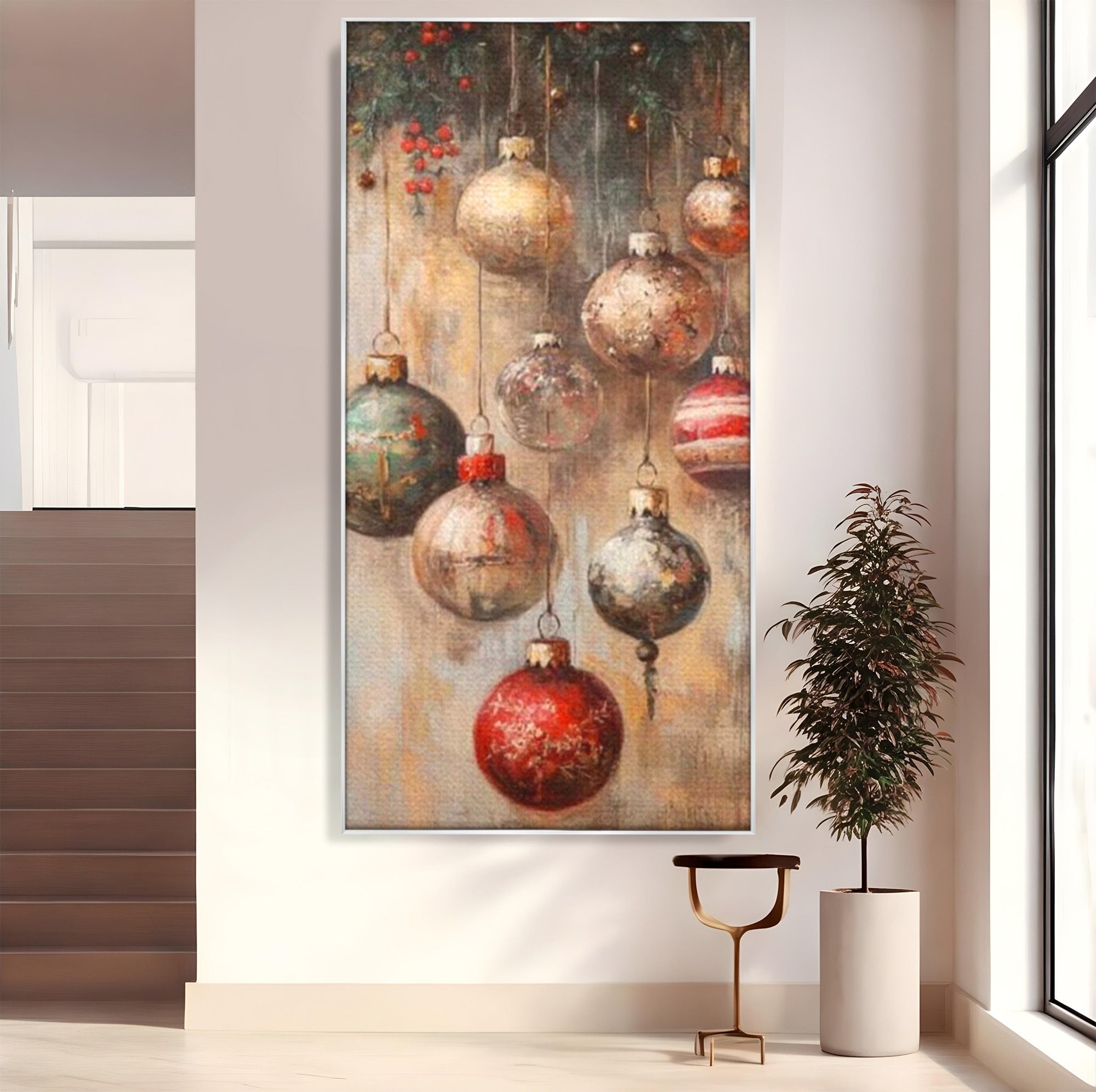 Tablou Canvas Premium LuxCanva® PI1236, Globuri De Craciun Vintage, Decoratiuni, Brad, Rosu, Sarbatori, Living, Culori Vibrante