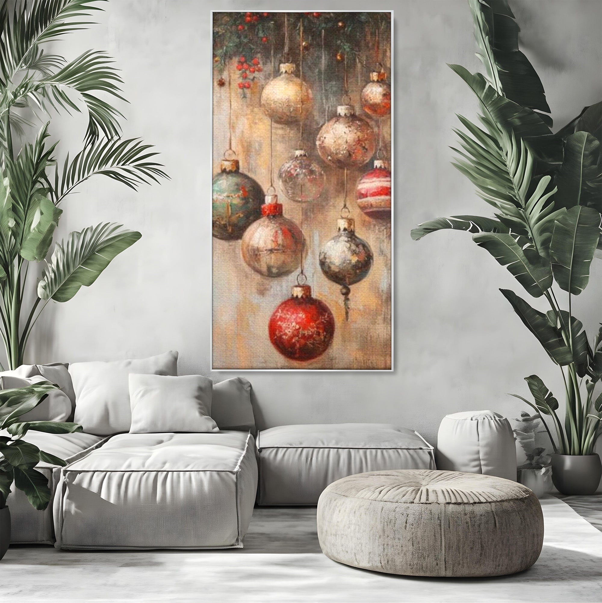 Tablou Canvas Premium LuxCanva® PI1236, Globuri De Craciun Vintage, Decoratiuni, Brad, Rosu, Sarbatori, Living, Culori Vibrante