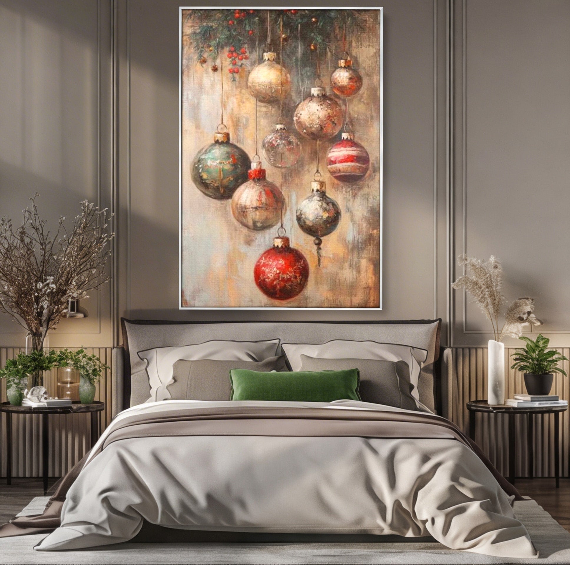 Tablou Canvas Premium LuxCanva® PI1236, Globuri De Craciun Vintage, Decoratiuni, Brad, Rosu, Sarbatori, Living, Culori Vibrante