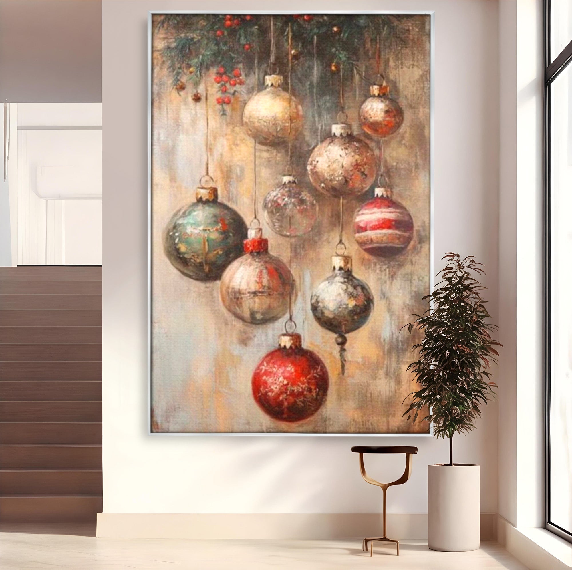 Tablou Canvas Premium LuxCanva® PI1236, Globuri De Craciun Vintage, Decoratiuni, Brad, Rosu, Sarbatori, Living, Culori Vibrante