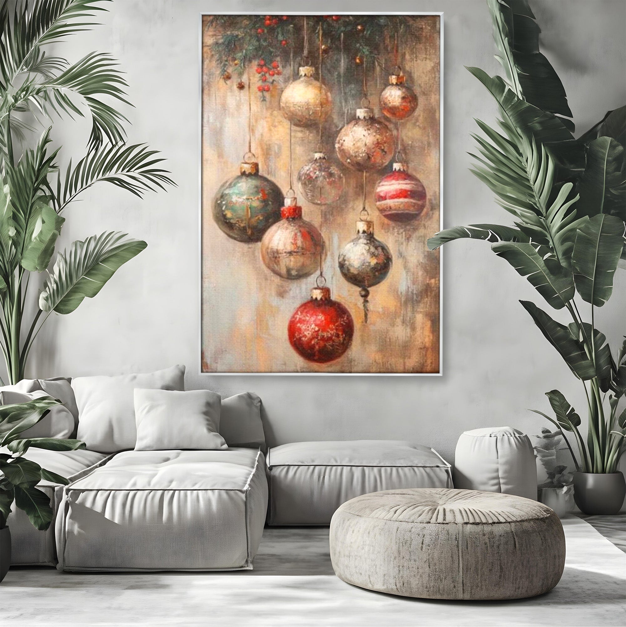 Tablou Canvas Premium LuxCanva® PI1236, Globuri De Craciun Vintage, Decoratiuni, Brad, Rosu, Sarbatori, Living, Culori Vibrante