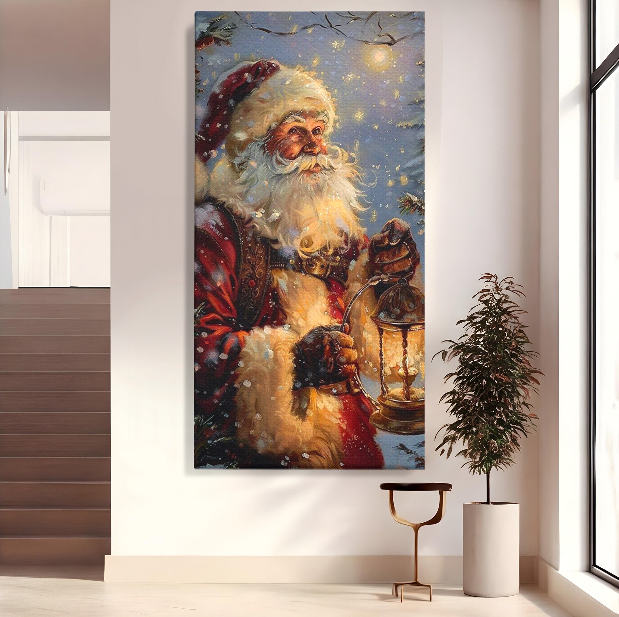 Tablou Canvas Premium LuxCanva® PI1240, Mos Craciun Cu Felinar, Barba, Copilarie, Sarbatori, Magie, Living, Culori Vibrante