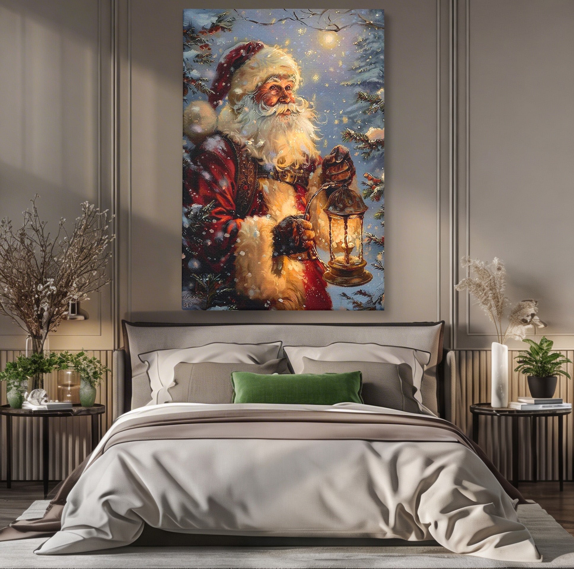 Tablou Canvas Premium LuxCanva® PI1240, Mos Craciun Cu Felinar, Barba, Copilarie, Sarbatori, Magie, Living, Culori Vibrante