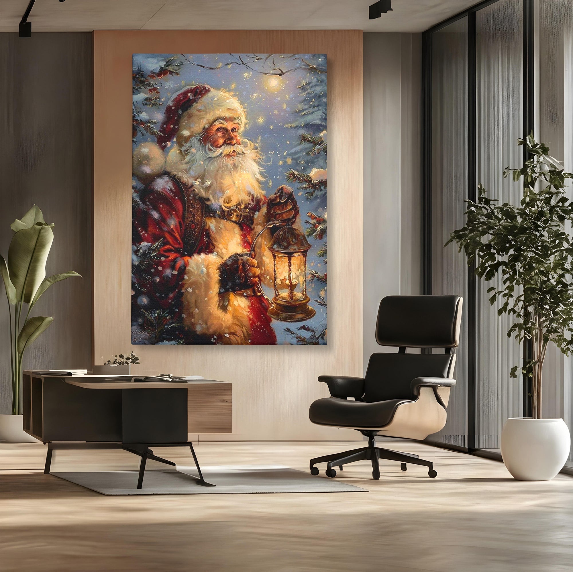 Tablou Canvas Premium LuxCanva® PI1240, Mos Craciun Cu Felinar, Barba, Copilarie, Sarbatori, Magie, Living, Culori Vibrante