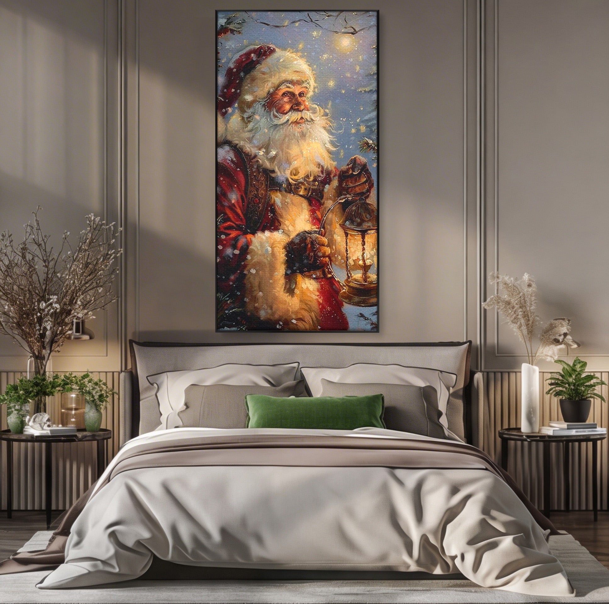 Tablou Canvas Premium LuxCanva® PI1240, Mos Craciun Cu Felinar, Barba, Copilarie, Sarbatori, Magie, Living, Culori Vibrante