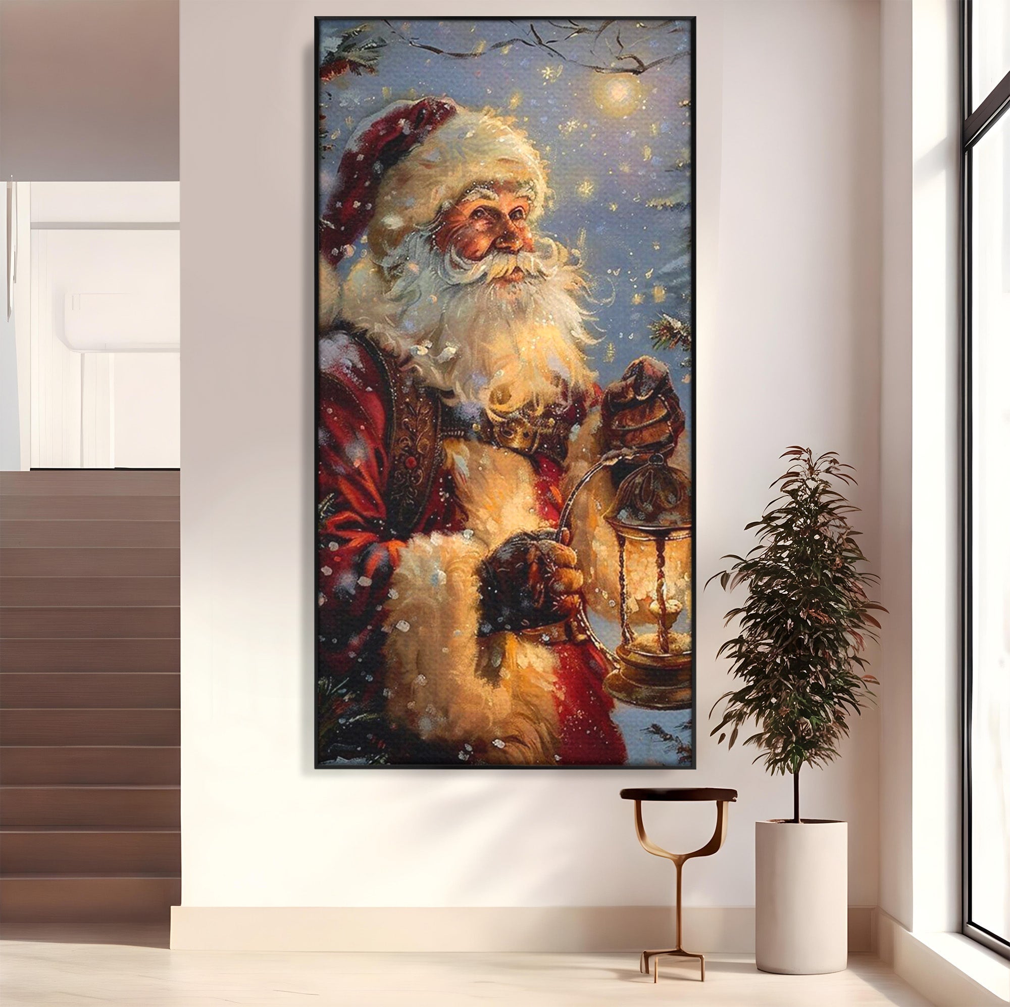 Tablou Canvas Premium LuxCanva® PI1240, Mos Craciun Cu Felinar, Barba, Copilarie, Sarbatori, Magie, Living, Culori Vibrante
